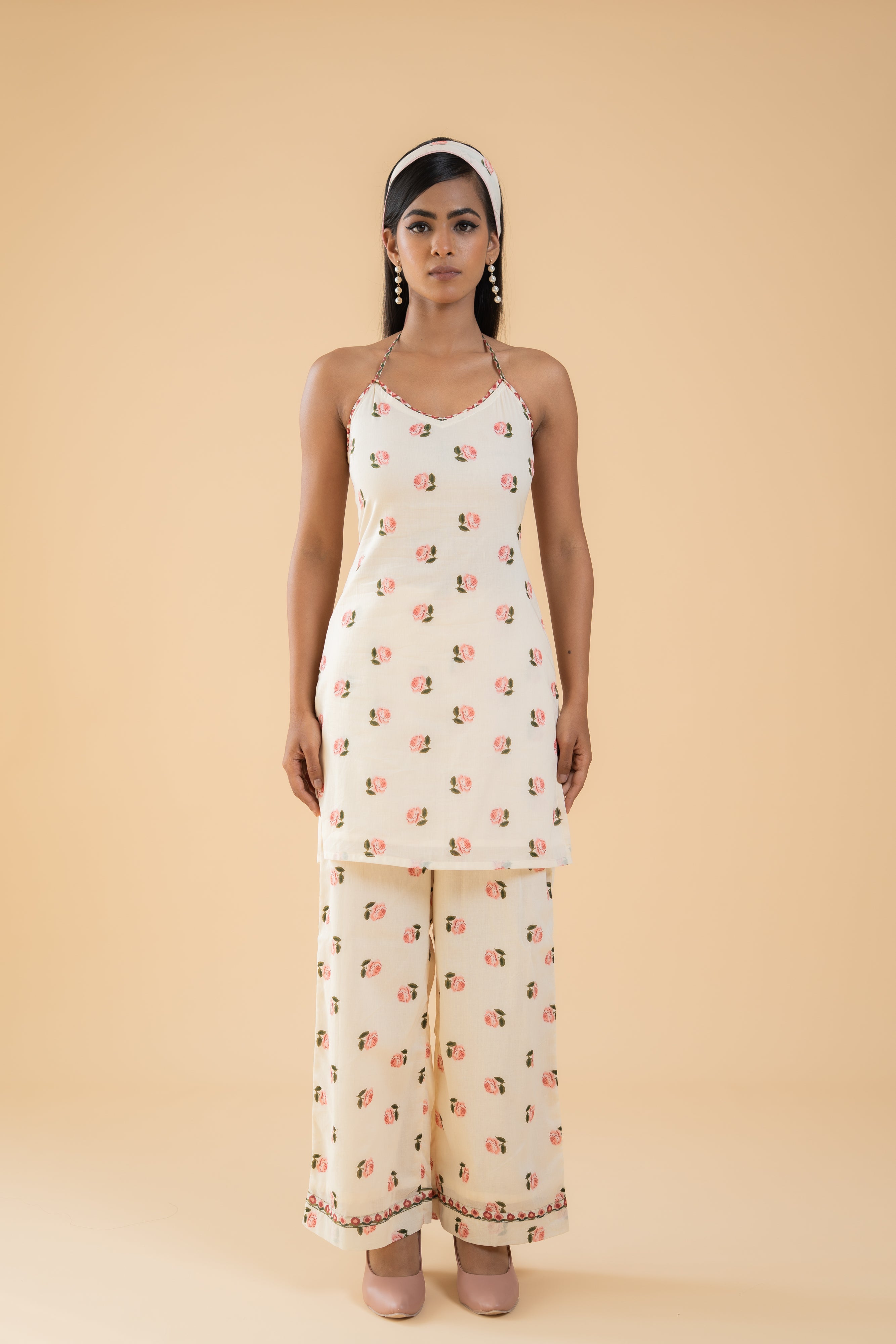 OFF WHITE GULAB HALTER NECK KURTA SET OF 2