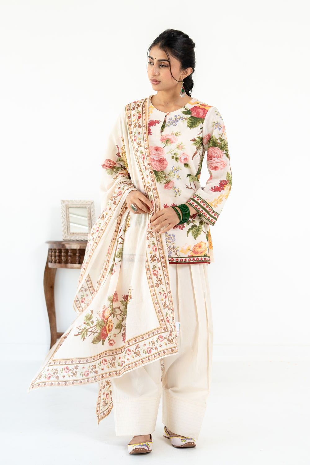 OFF WHITE NEHER KURTA WITH FARSI SALWAR SET OF 3