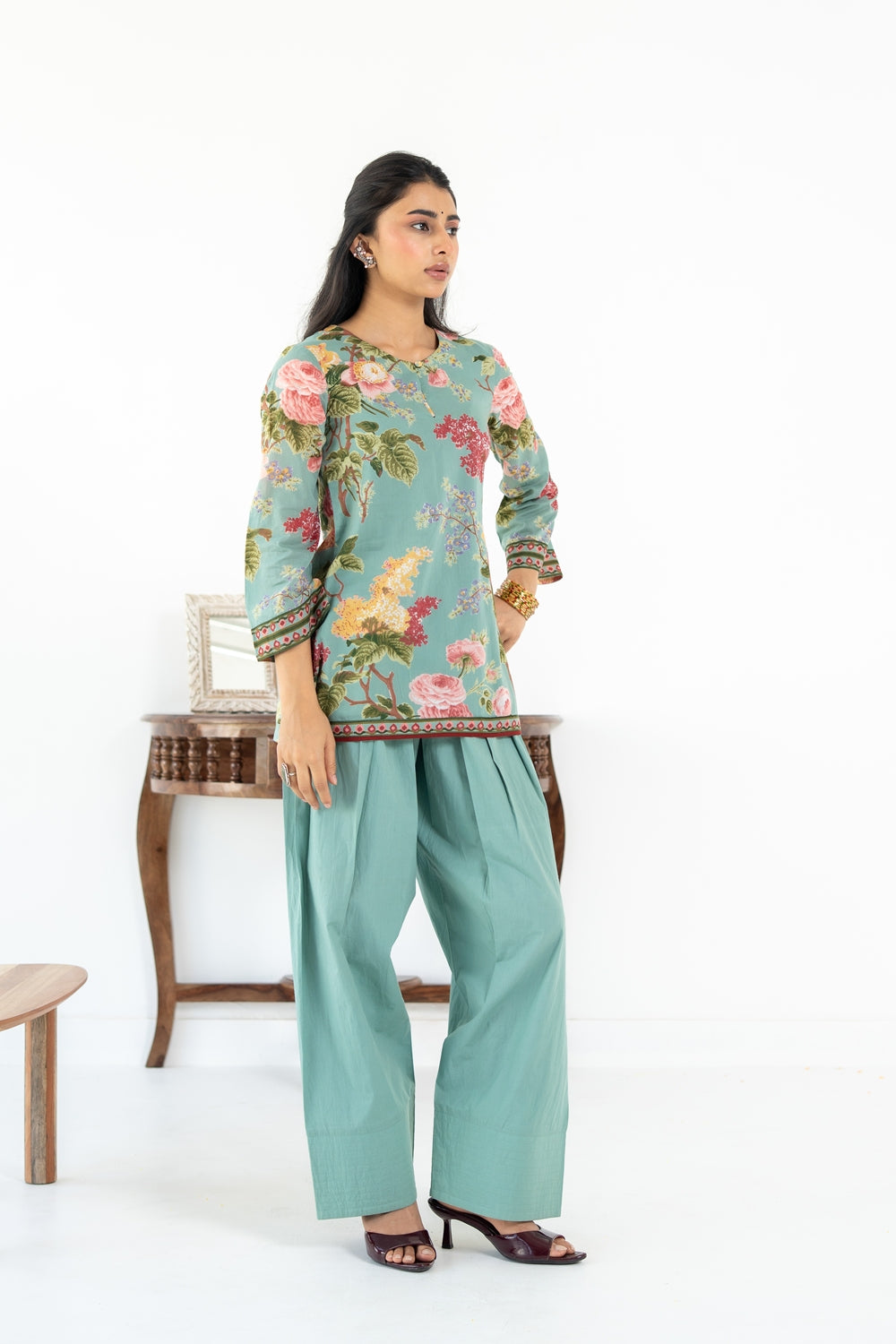 SAGE GREEN NEHER KURTA WITH FARSI SALWAR SET OF 3