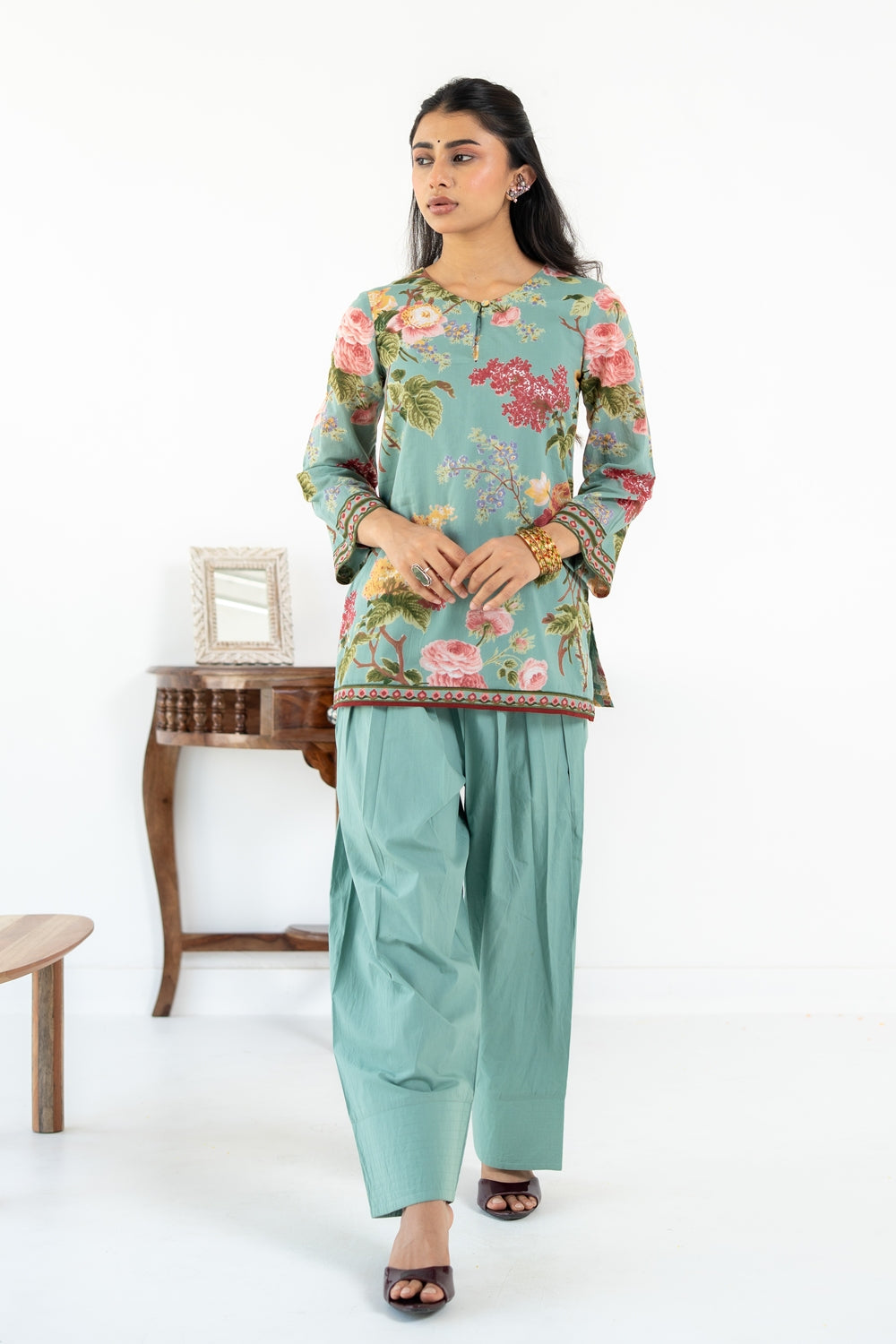 SAGE GREEN NEHER KURTA WITH FARSI SALWAR SET OF 3