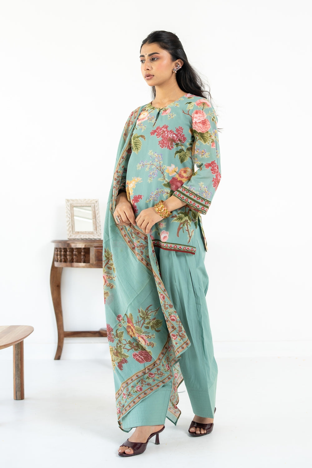 SAGE GREEN NEHER KURTA WITH FARSI SALWAR SET OF 3