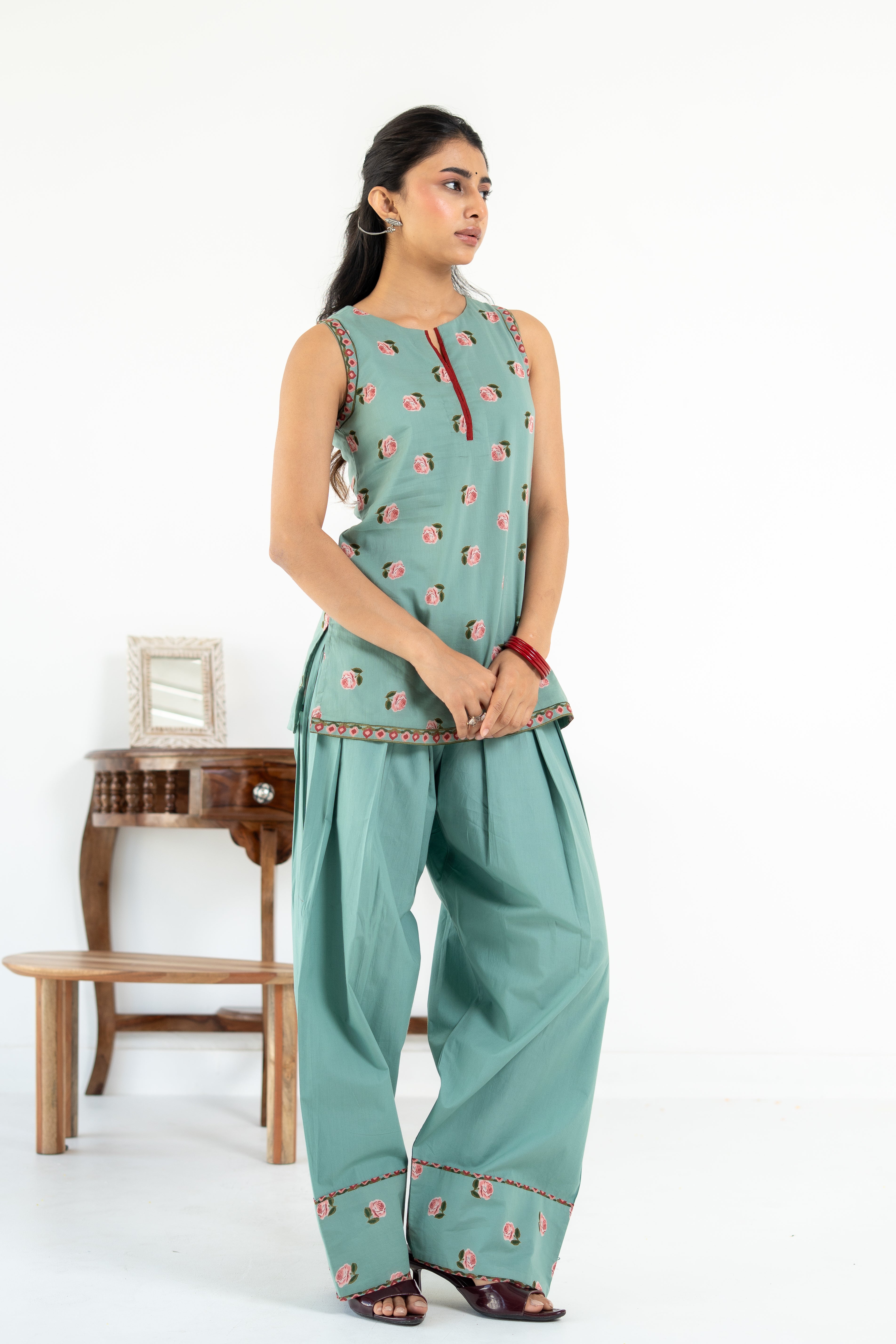SAGE GREEN ROOH KURTA WITH FARSI SALWAR SET OF 3