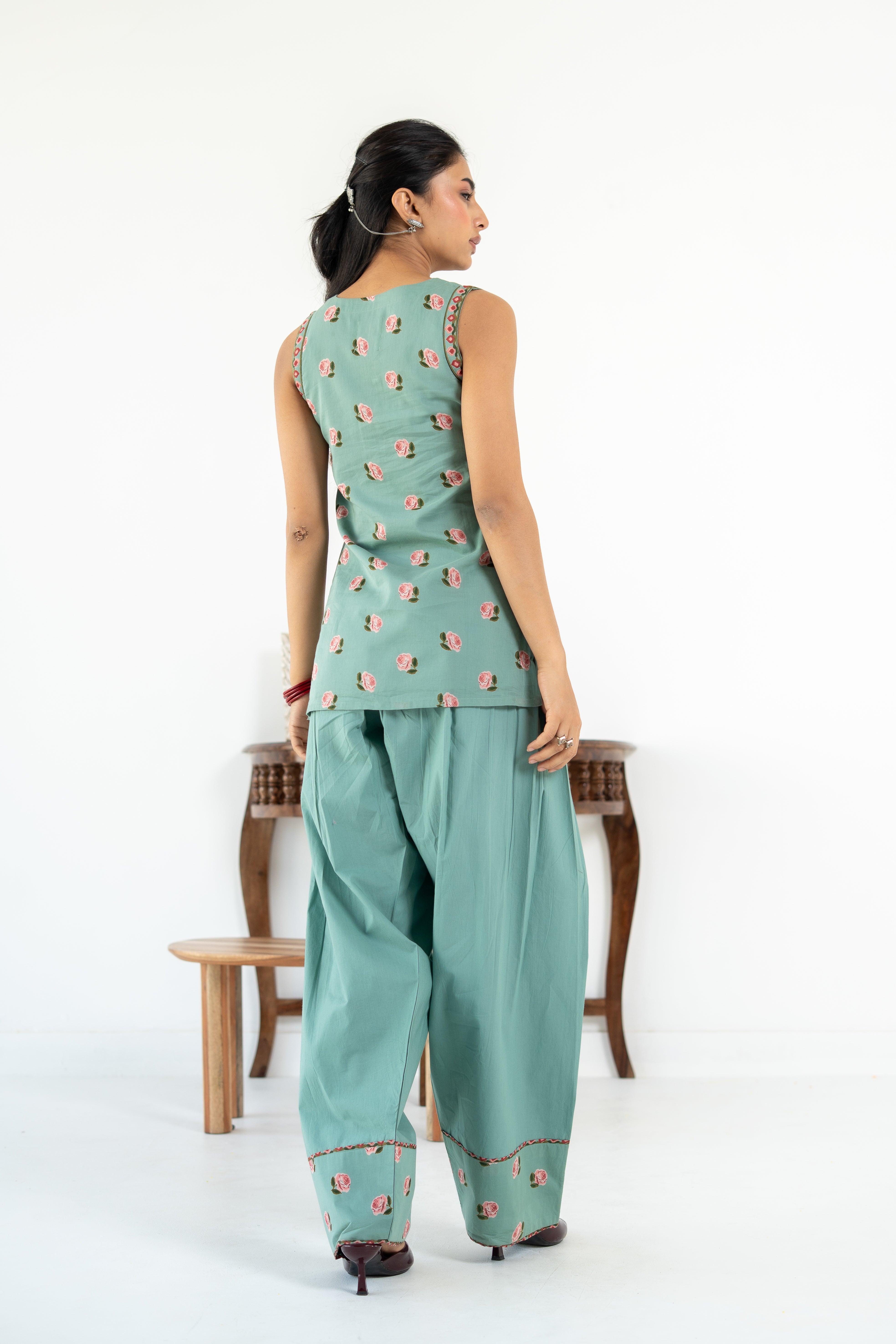 SAGE GREEN ROOH KURTA WITH FARSI SALWAR SET OF 3