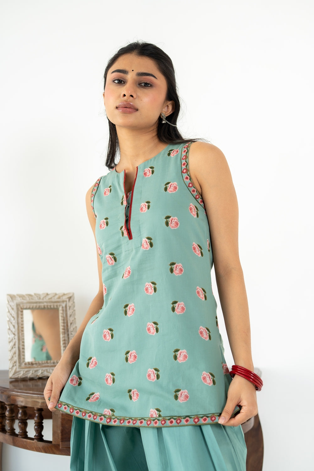 SAGE GREEN ROOH KURTA WITH FARSI SALWAR SET OF 3
