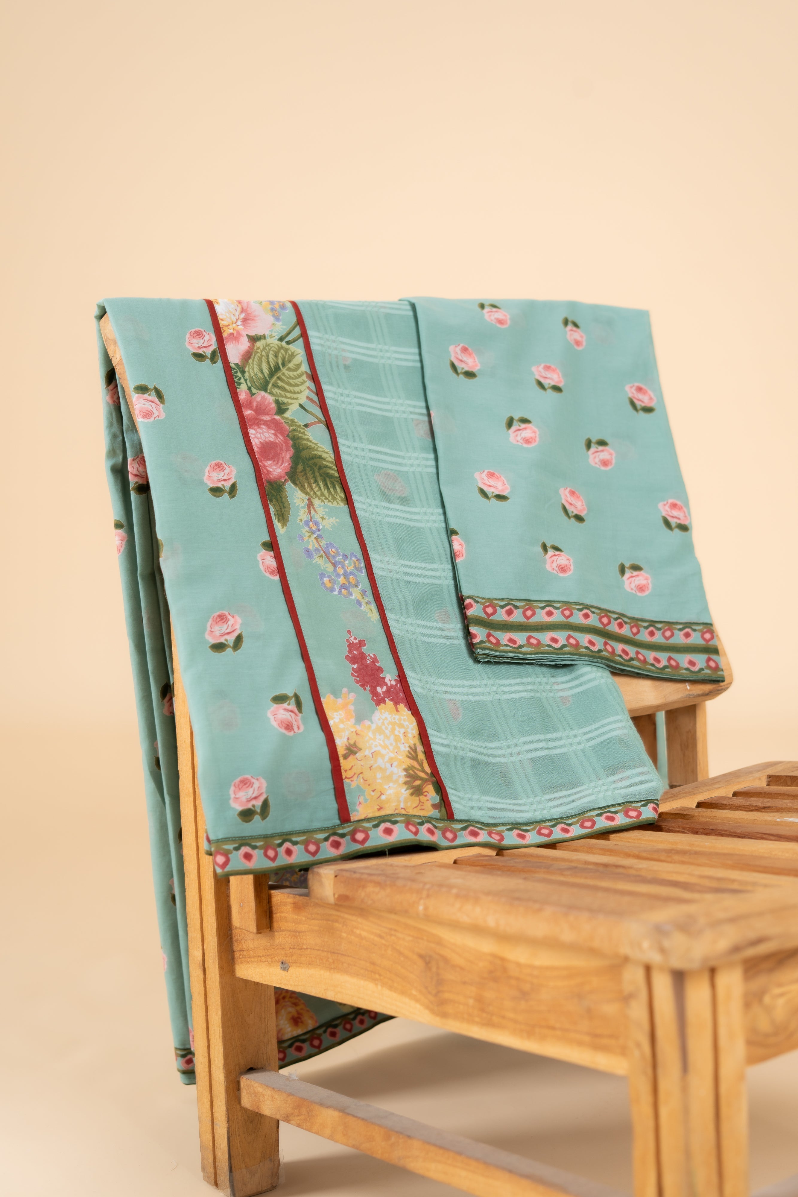 SAGE GREEN PHOOLWARI SAREE WITH UNSTITCHED BLOUSE PCS