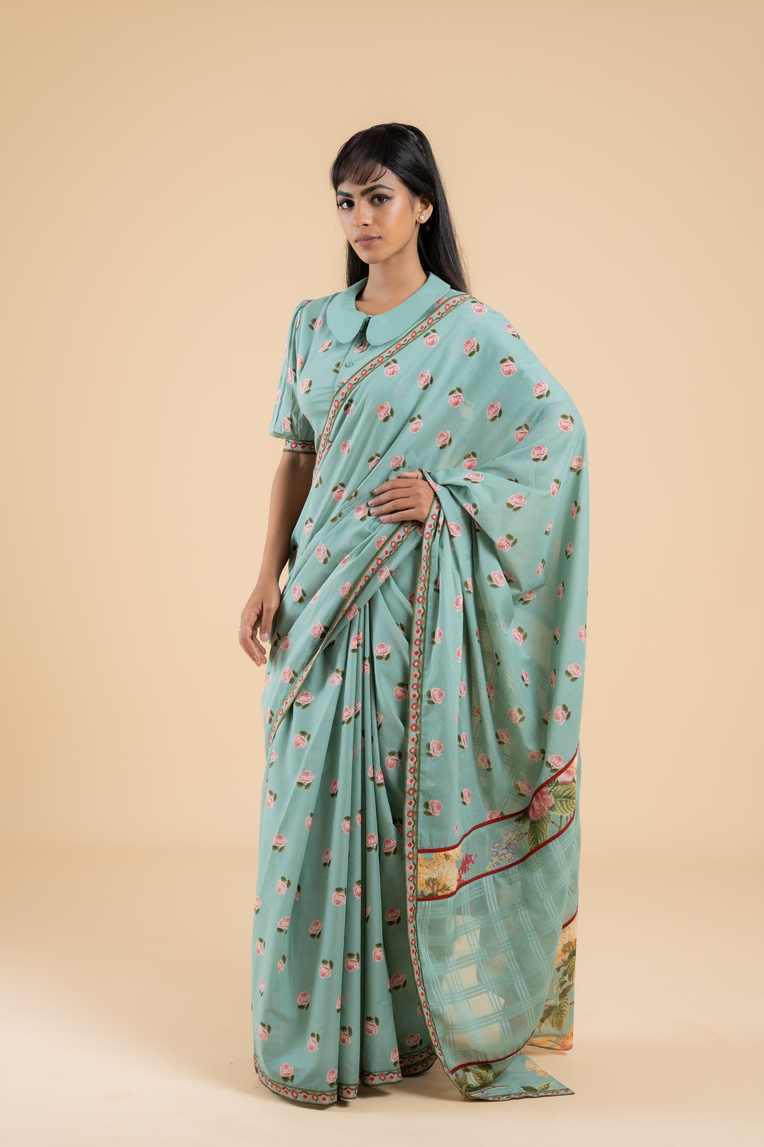 SAGE GREEN PHOOLWARI SAREE WITH UNSTITCHED BLOUSE PCS