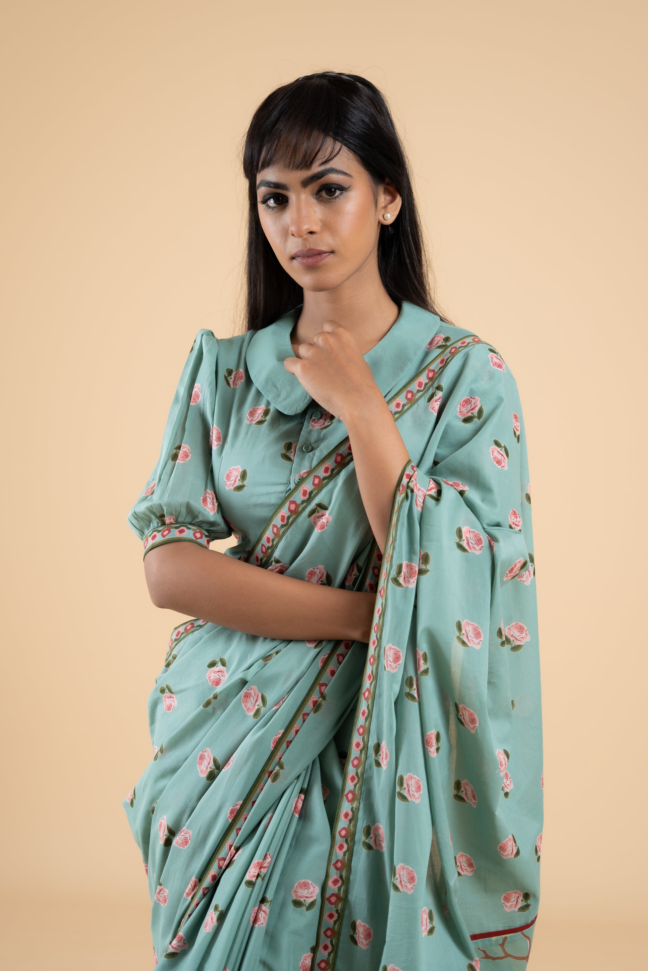 SAGE GREEN PHOOLWARI SAREE WITH UNSTITCHED BLOUSE PCS