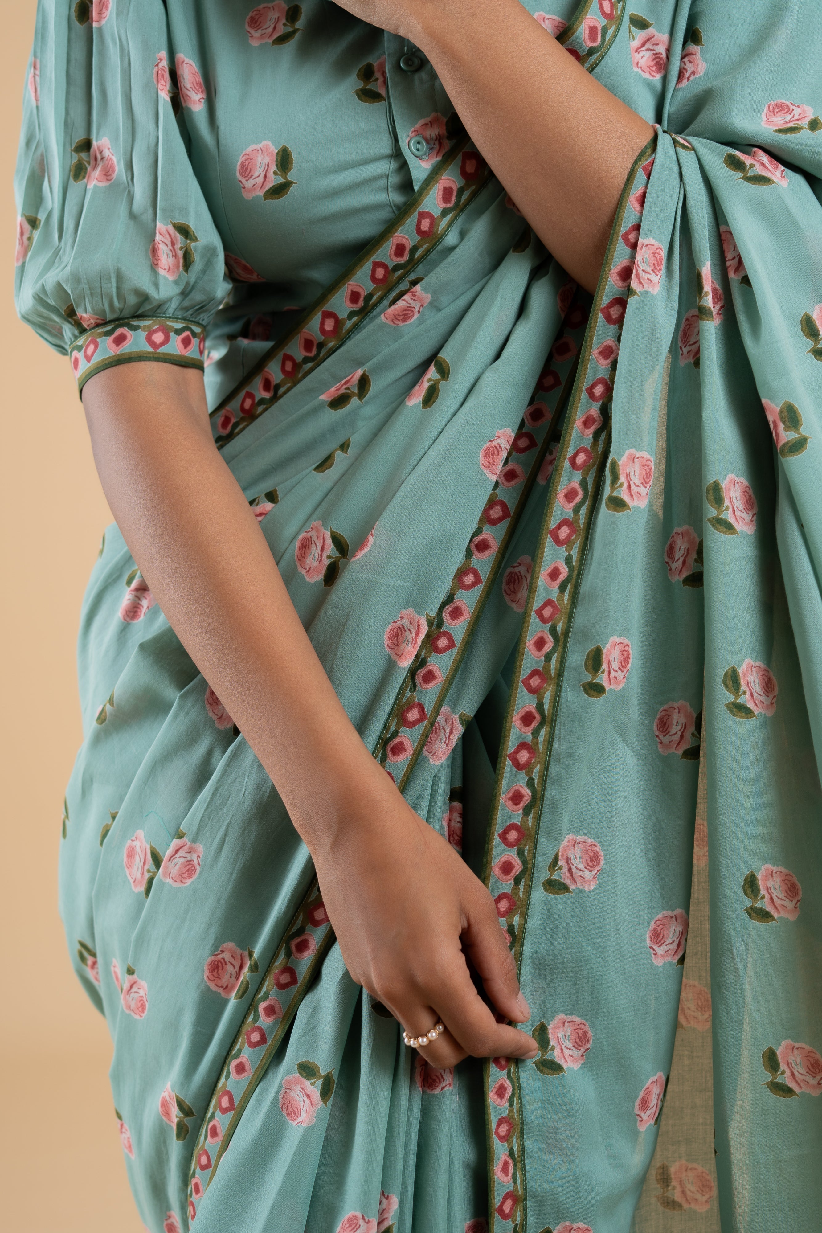 SAGE GREEN PHOOLWARI SAREE WITH UNSTITCHED BLOUSE PCS