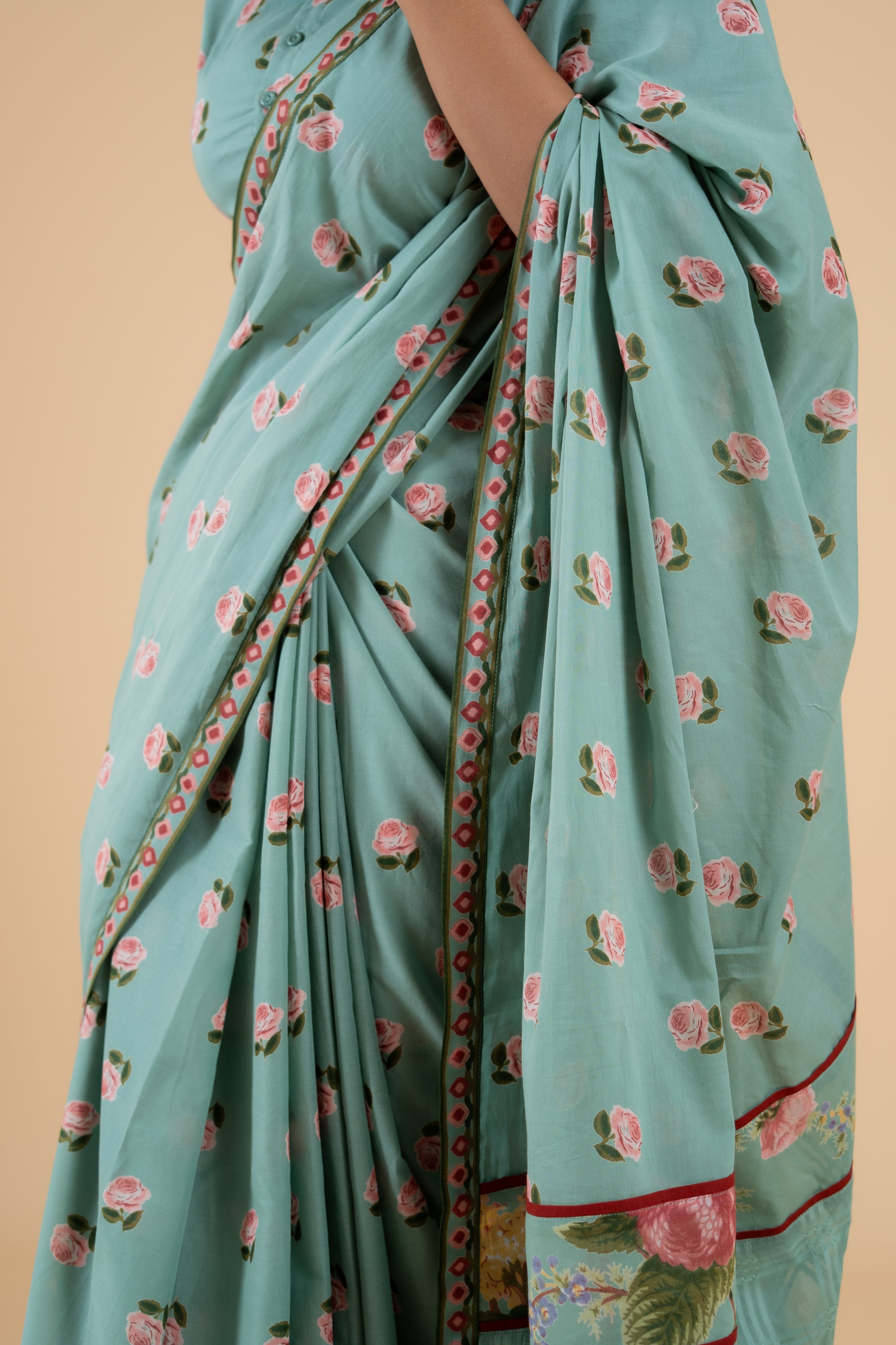 SAGE GREEN PHOOLWARI SAREE WITH UNSTITCHED BLOUSE PCS