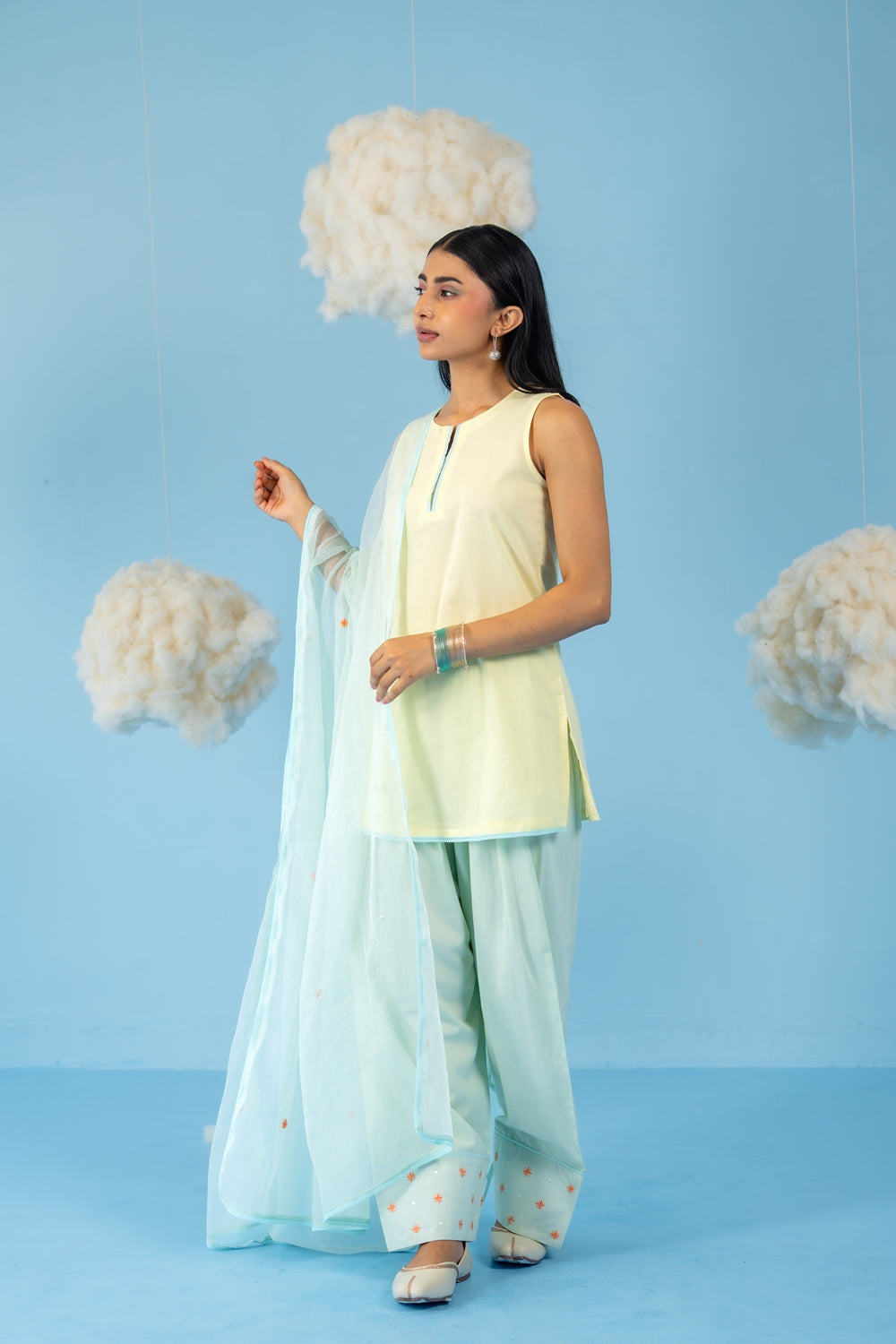 BUTTER YELLOW & MINT GREEN MANGO MINT FARSI SALWAR SET OF 3