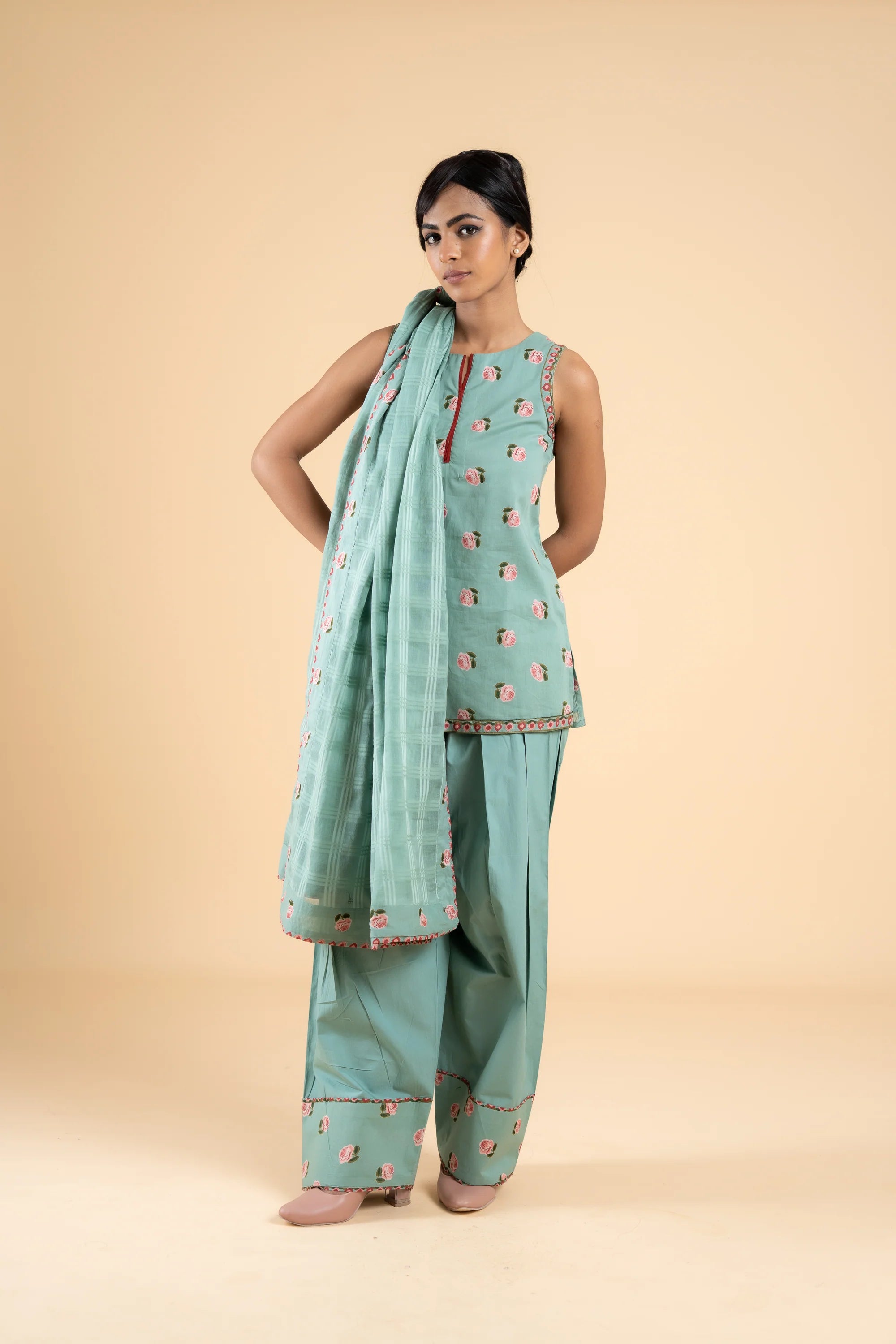 SAGE GREEN ROOH KURTA WITH FARSI SALWAR SET OF 3