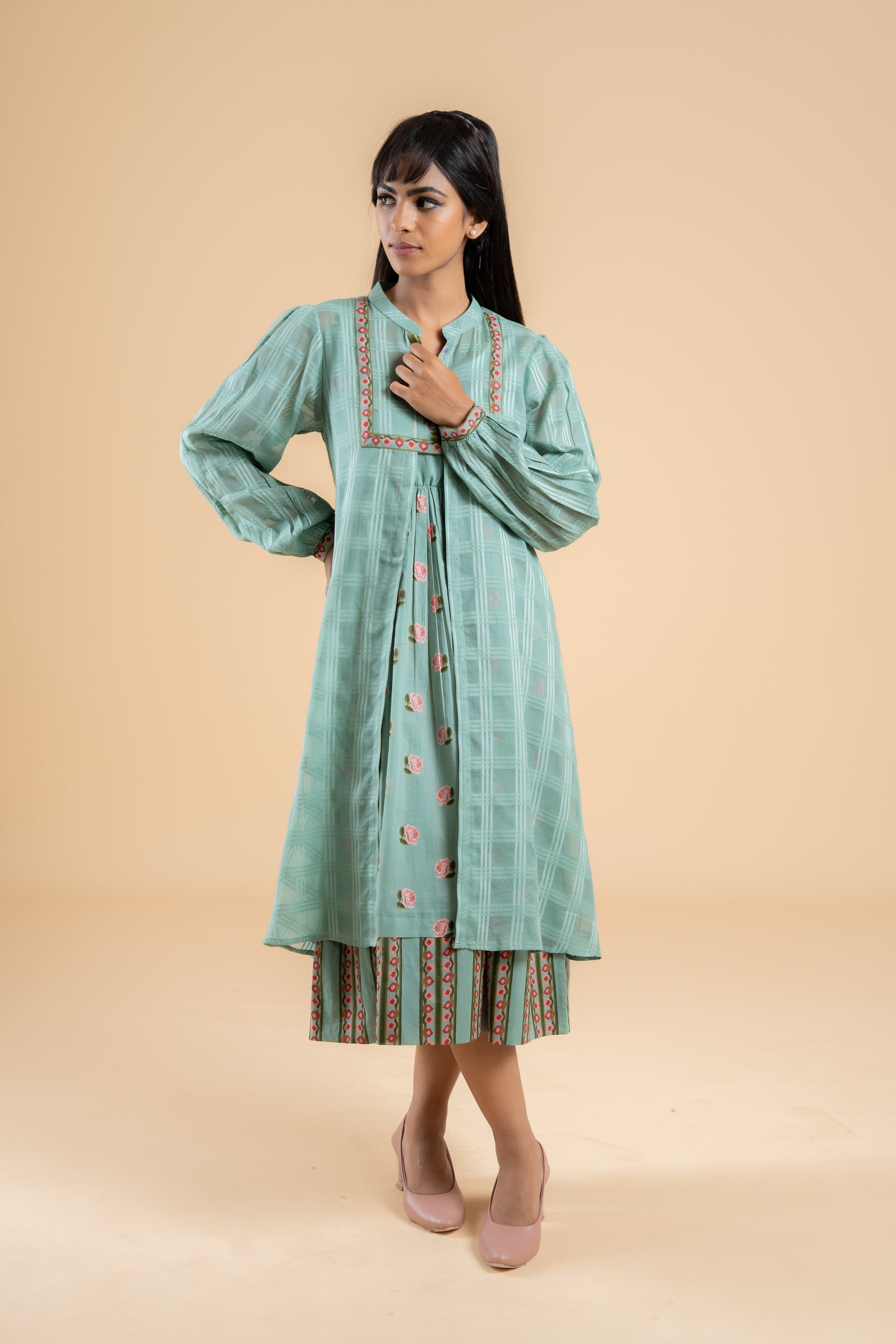 SAGE GREEN PANKHUDI DRESS WITH JACKET SET OF 2