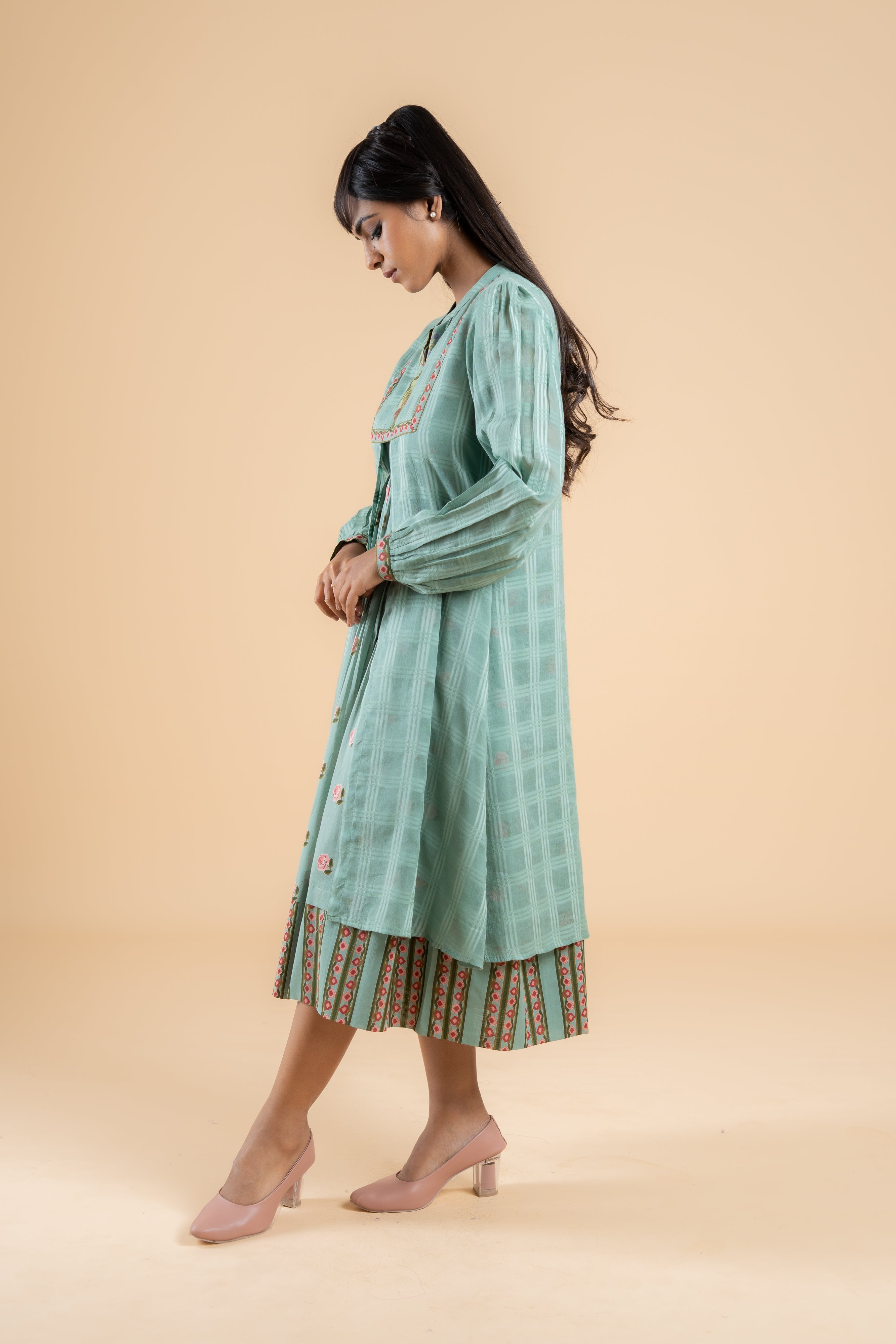 SAGE GREEN PANKHUDI DRESS WITH JACKET SET OF 2