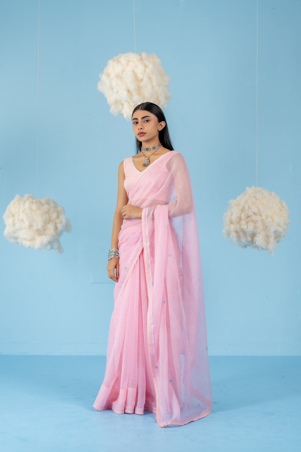 BABY PINK STRAWBERRY SAREE WITH UN-STITCHED BLOUSE