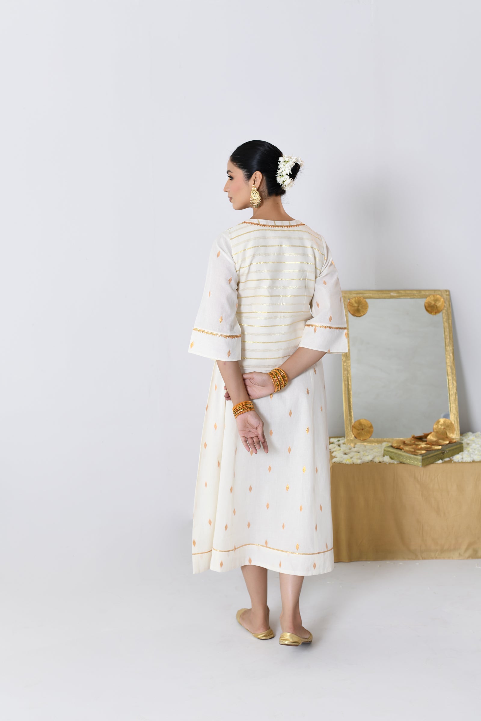 Chakri White Lurex V-neck Dress with Koti