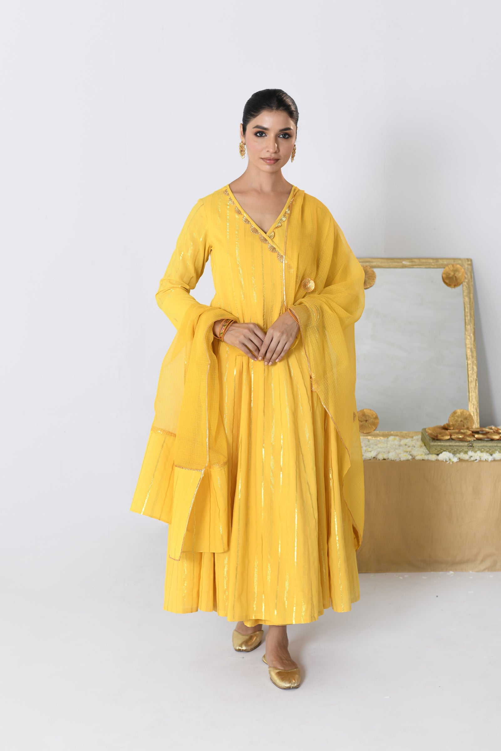 Shagun V-neck Yellow Lurex Angrakha Anarkali