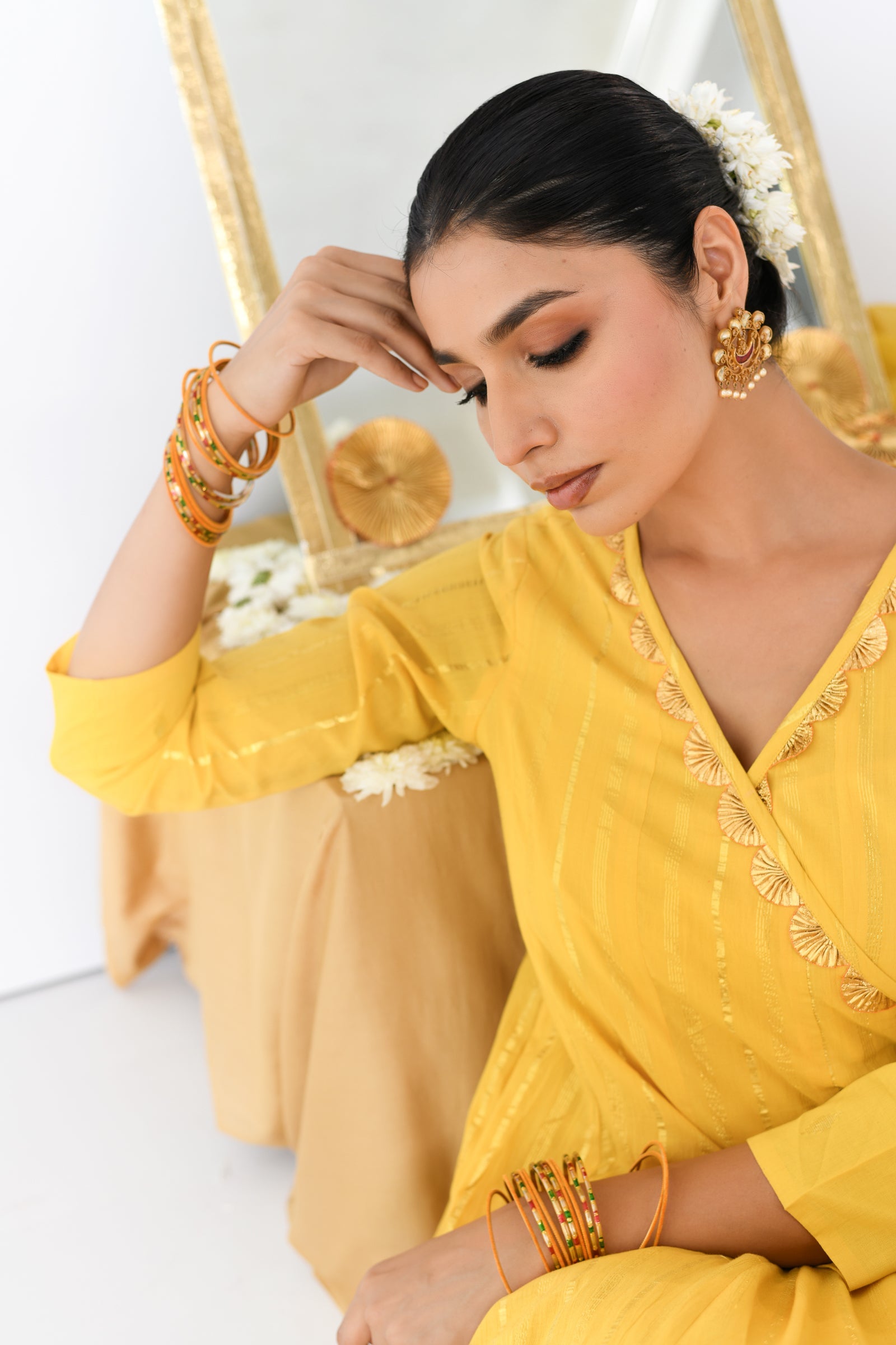 Shagun V-neck Yellow Lurex Angrakha Anarkali