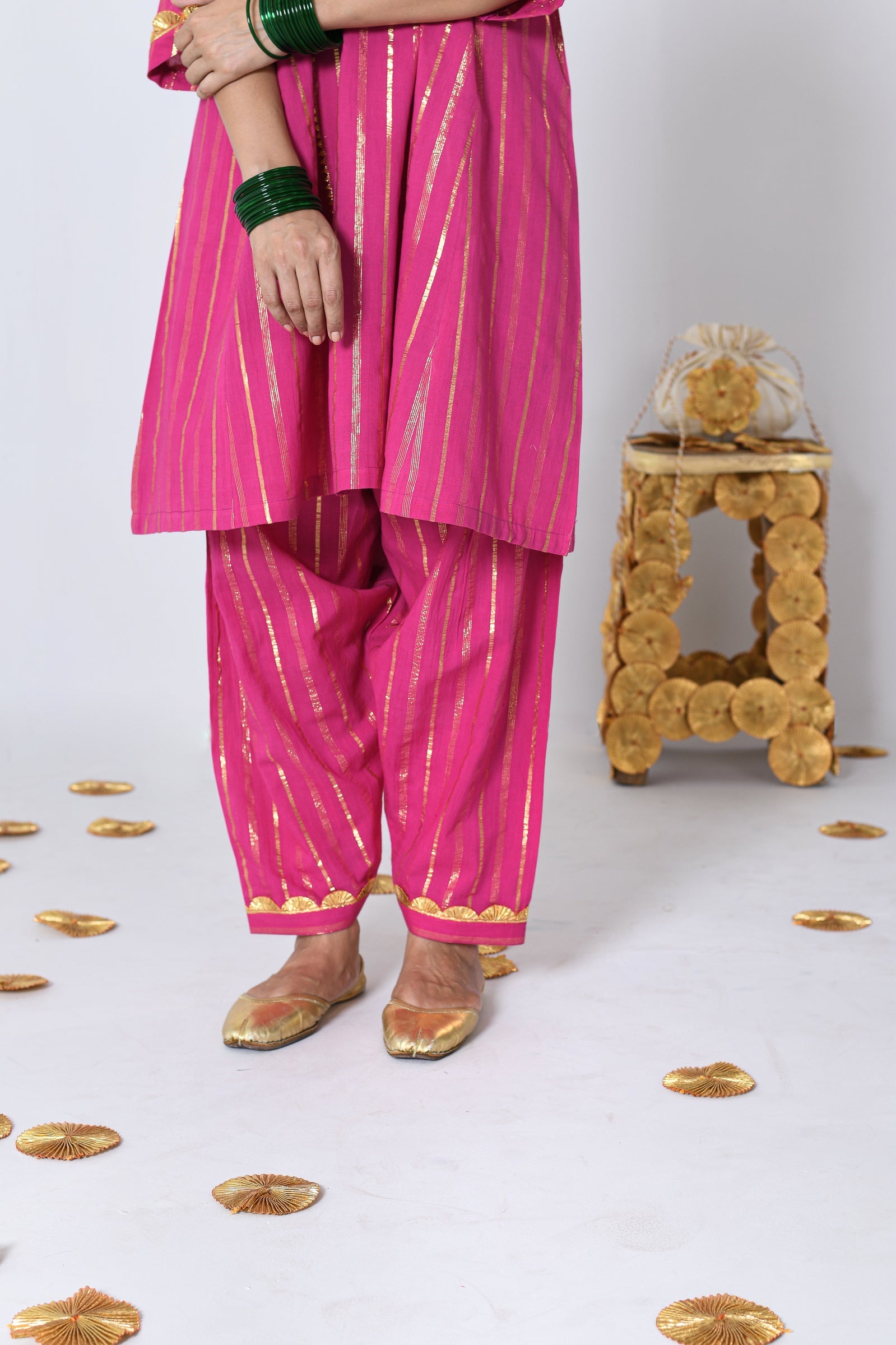 Chatkeela Pink Lurex Round Neck A-line Kurta