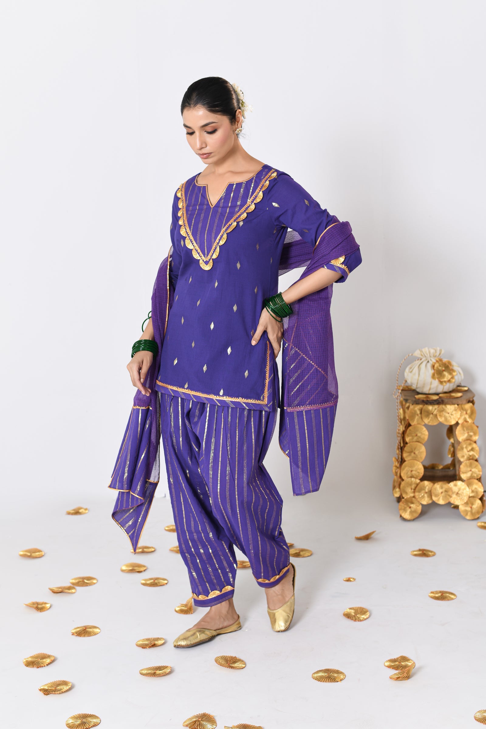 Nayantara Purple Lurex Round Neck Short kurta with Patiyala and Dupatta