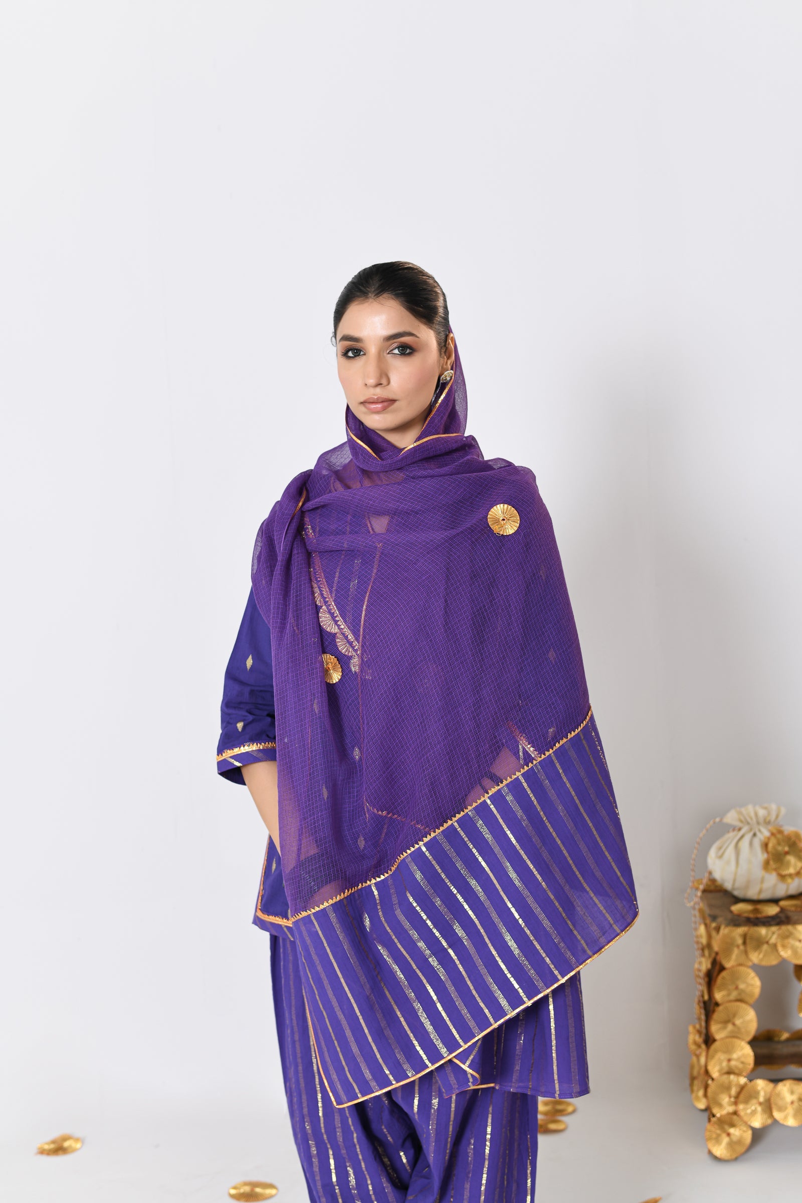 Nayantara Purple Lurex Round Neck Short kurta with Patiyala and Dupatta