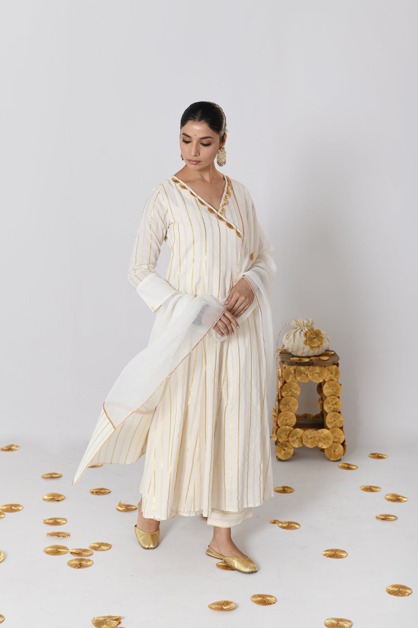 Shweta V-neck Off-White Lurex Angrakha Anarkali Set