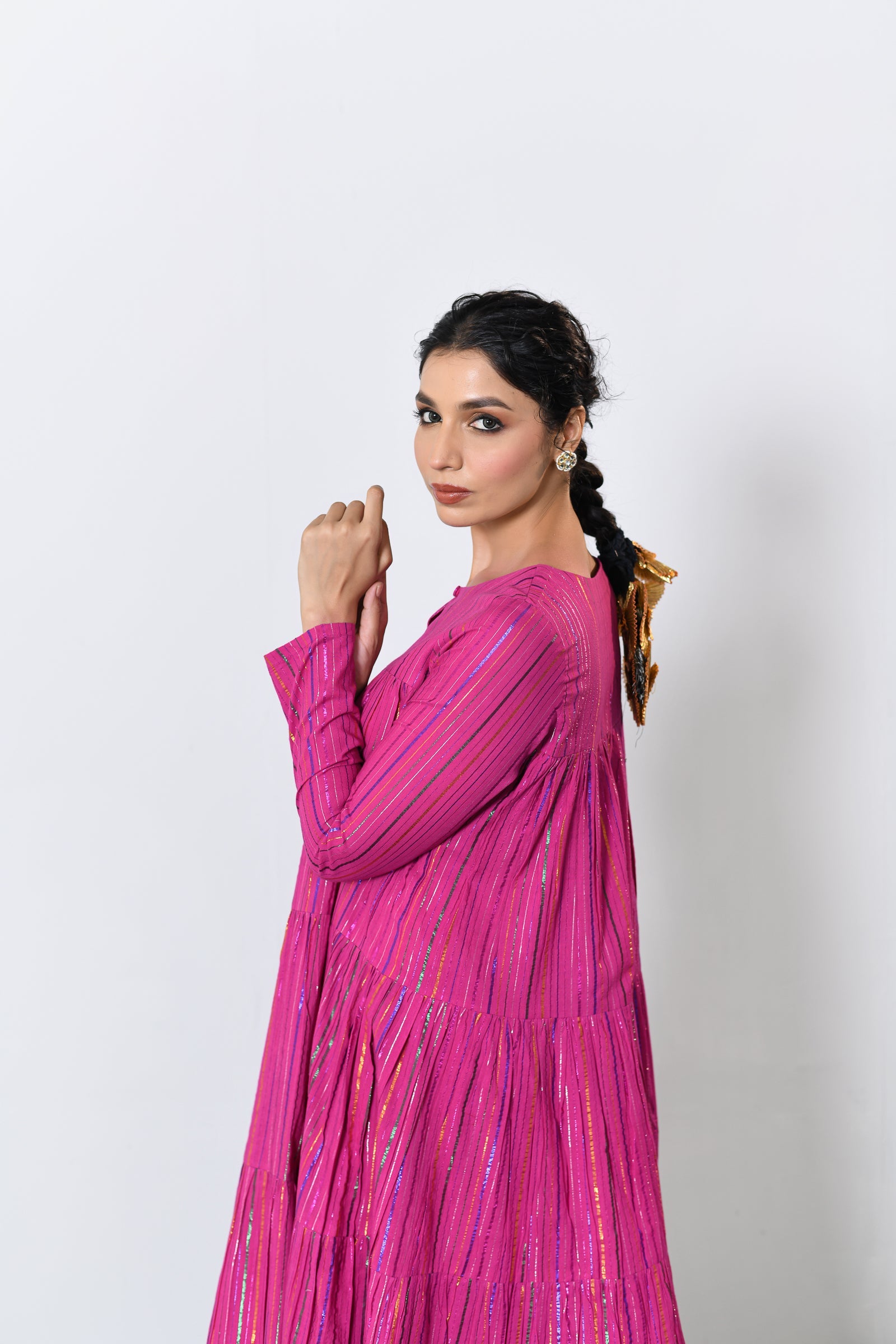 Rangmala Pink Multicolor zari Lurex Tiered Anarkali with Pants (RTS)