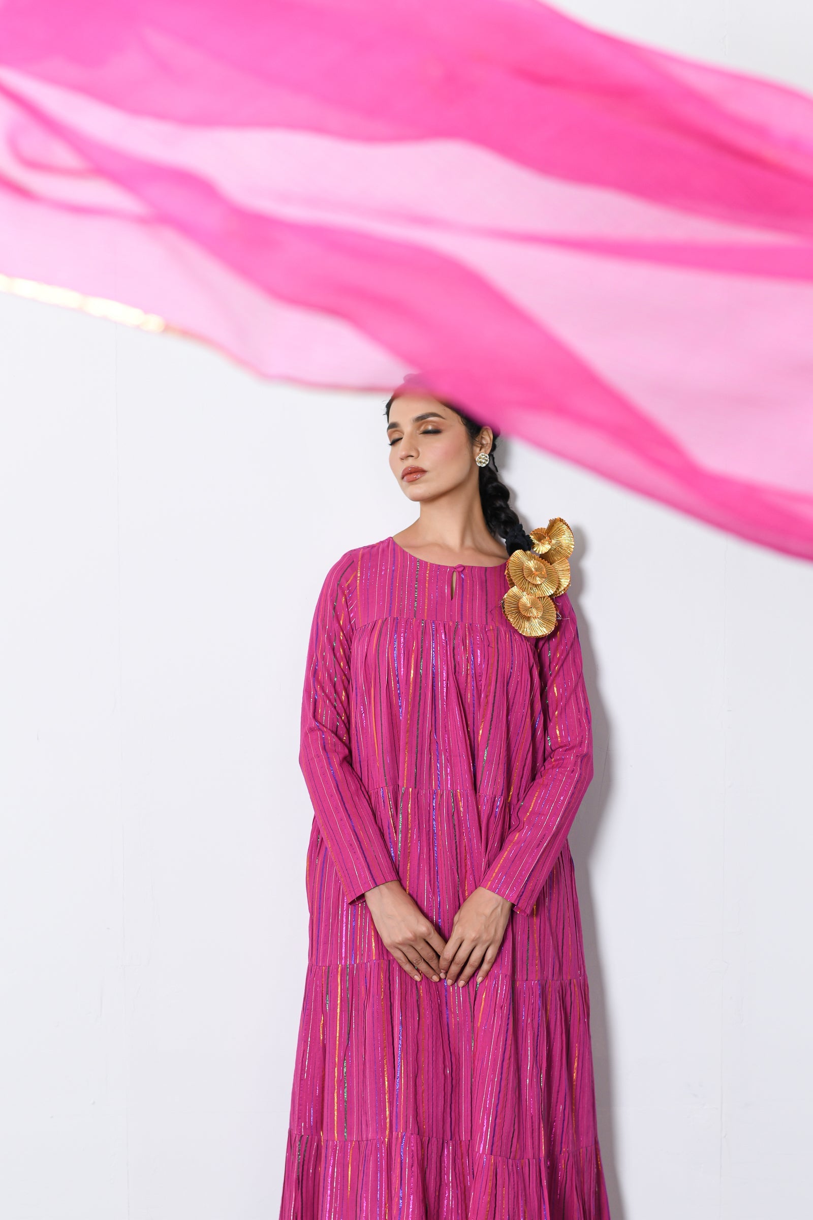 Rangmala Pink Multicolor zari Lurex Tiered Anarkali with Pants (RTS)