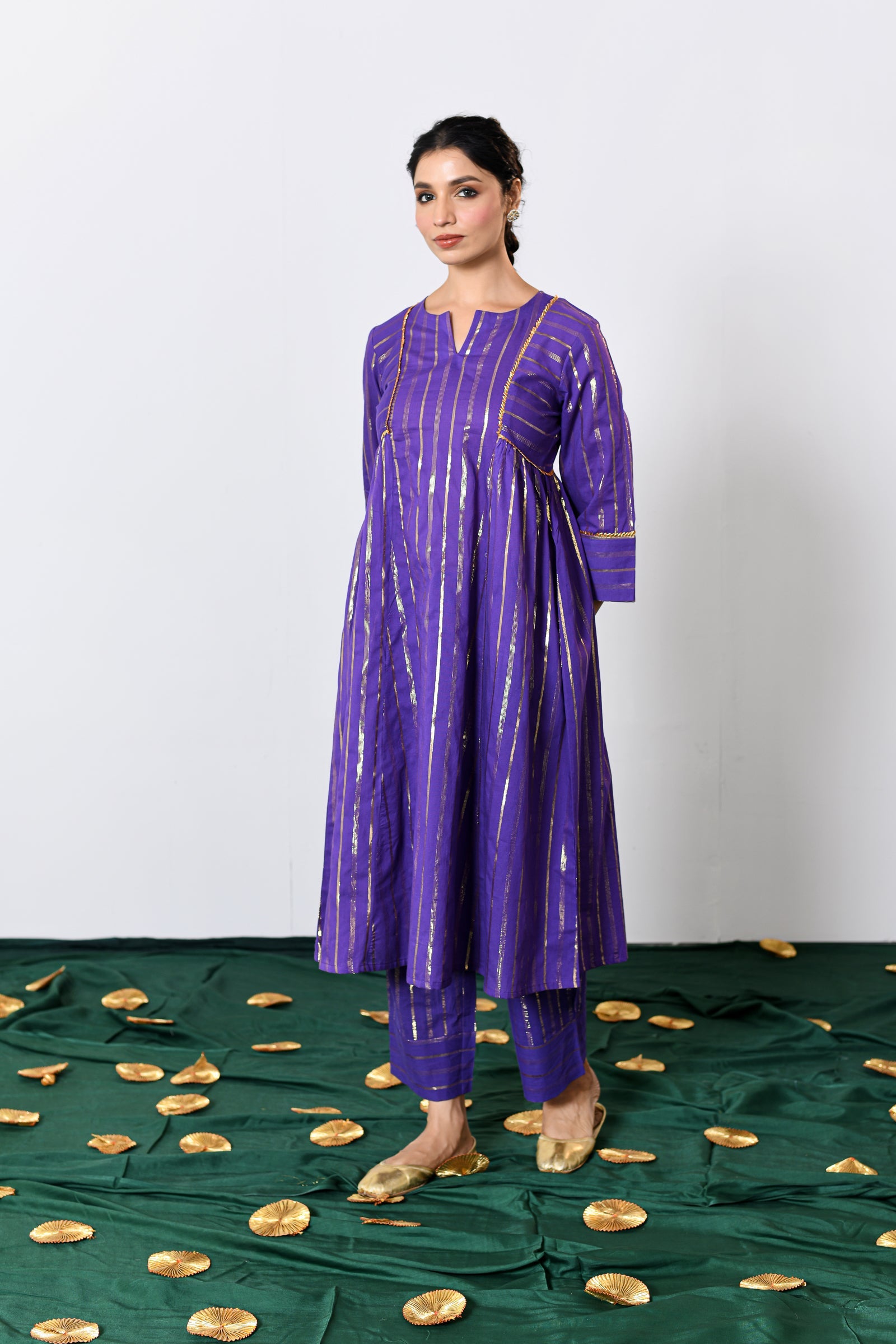 Neelima Purple Lurex Round Neck A-line Kurta, Pant and Dupatta