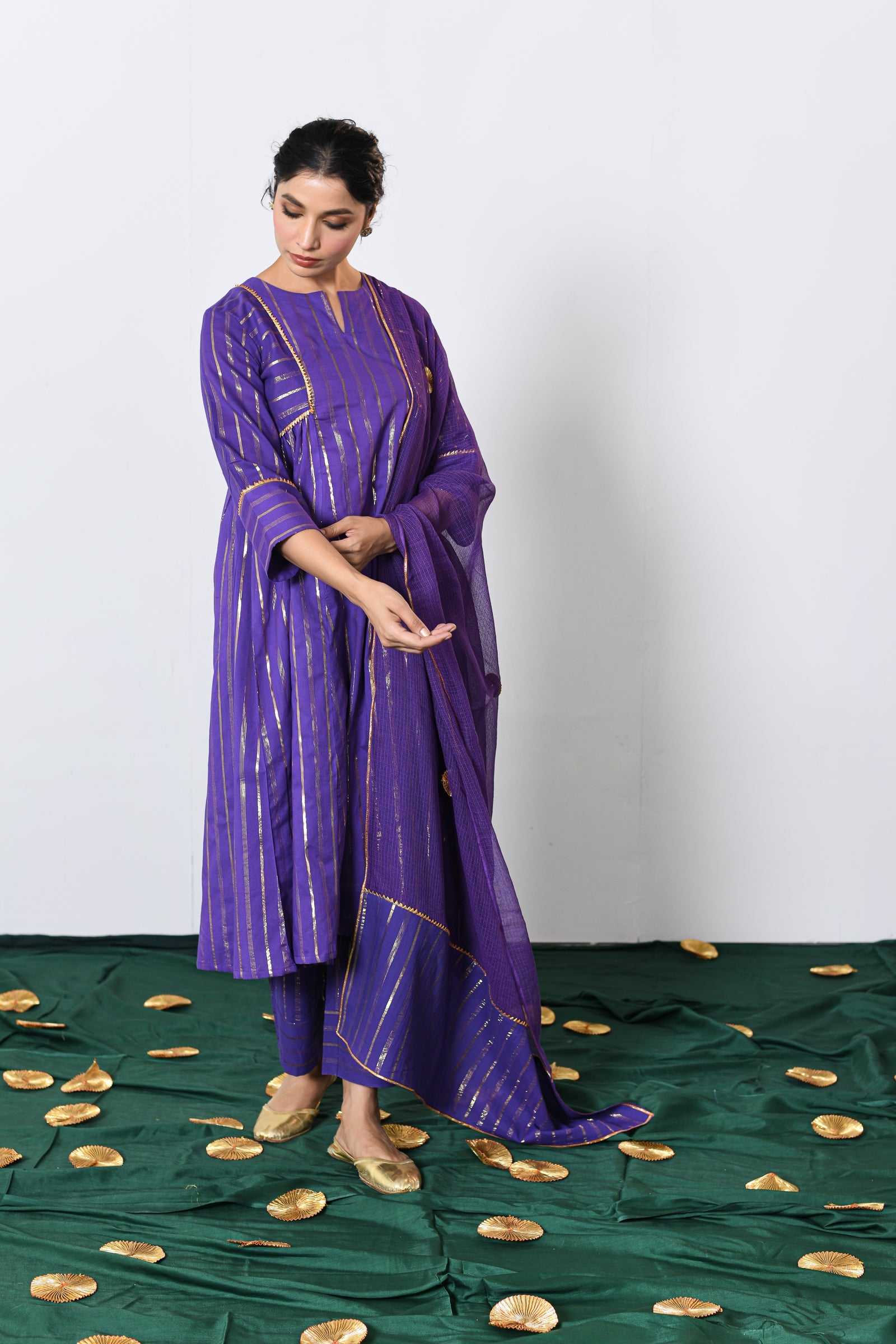 Neelima Purple Lurex Round Neck A-line Kurta, Pant and Dupatta