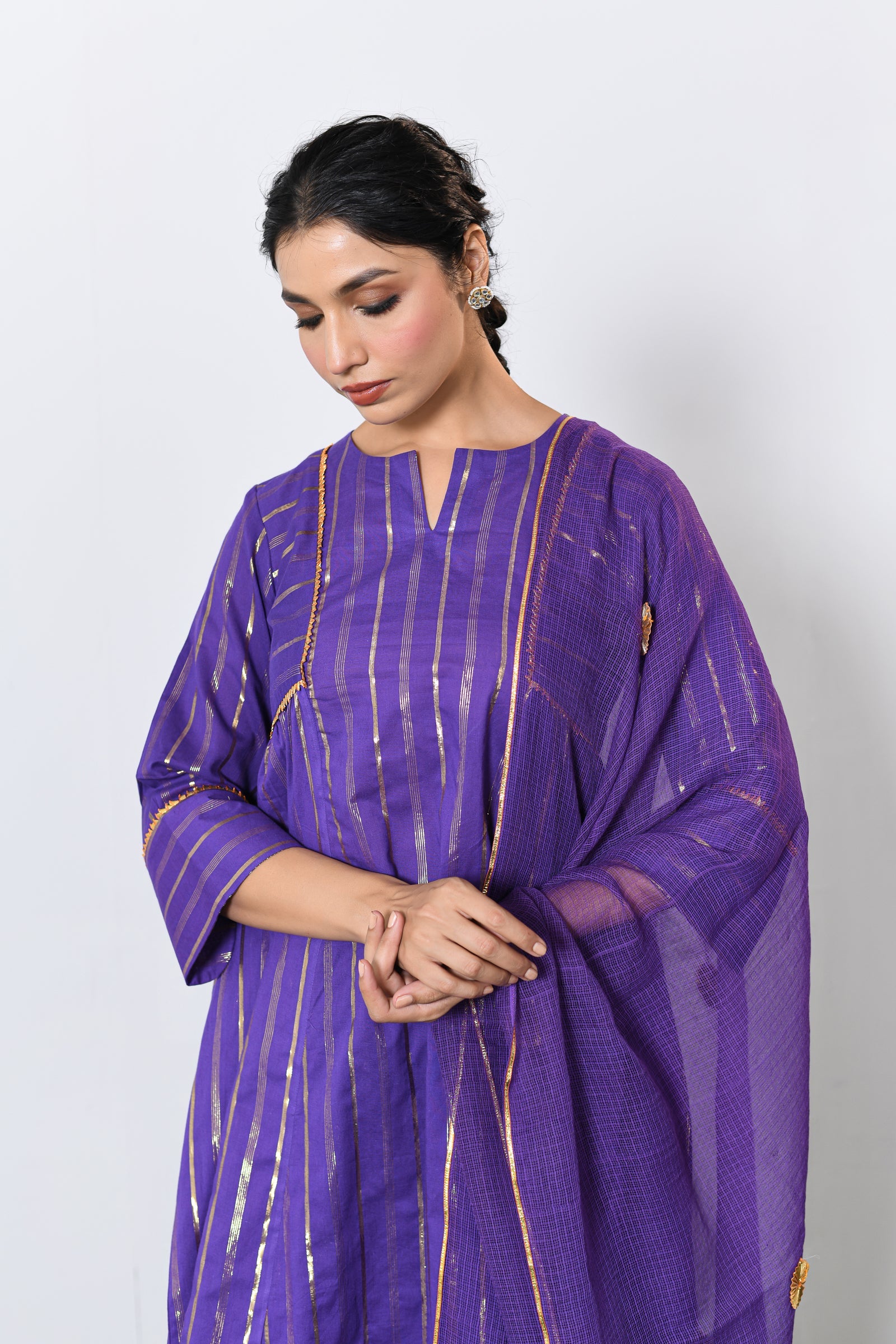 Neelima Purple Lurex Round Neck A-line Kurta, Pant and Dupatta