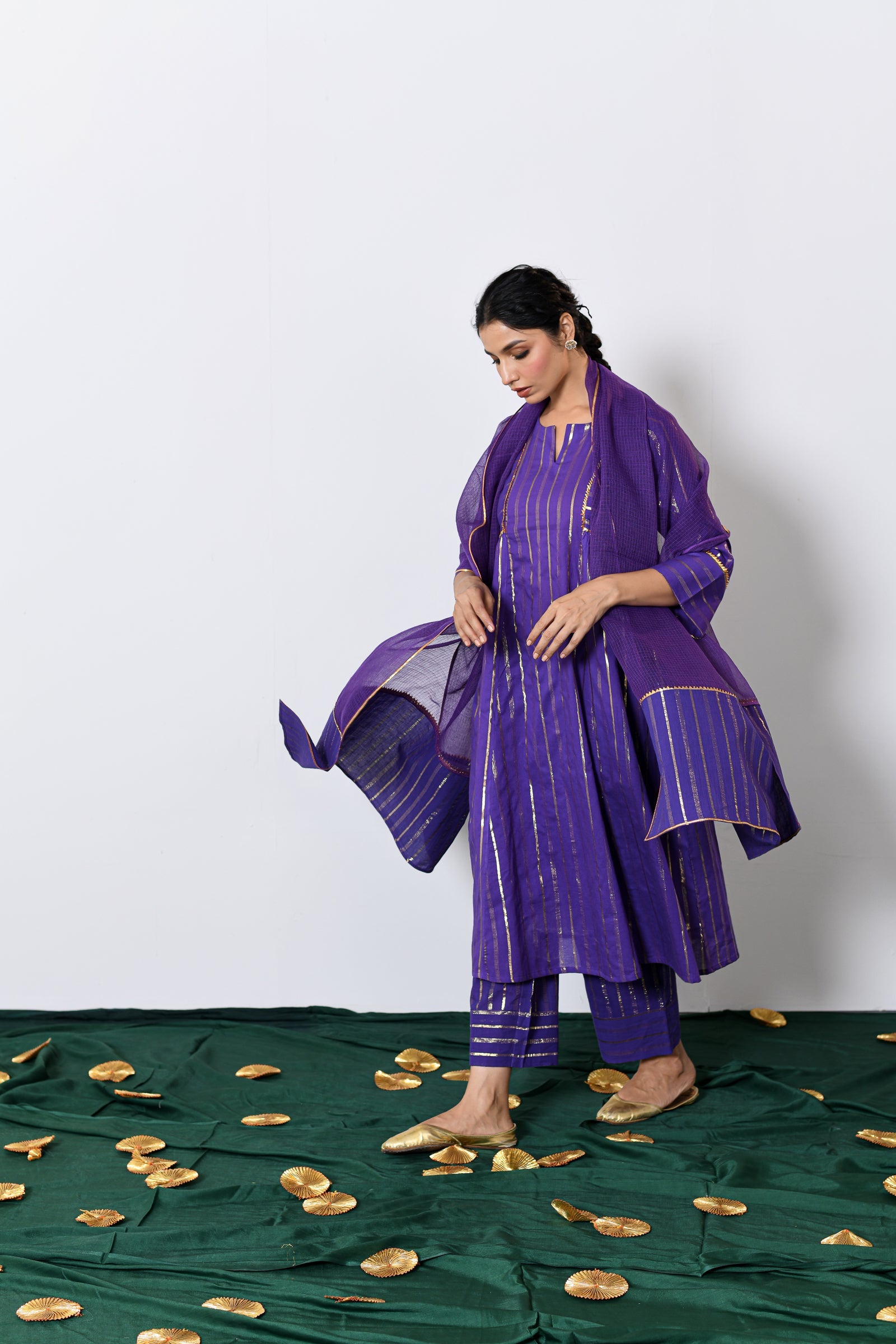 Neelima Purple Lurex Round Neck A-line Kurta, Pant and Dupatta