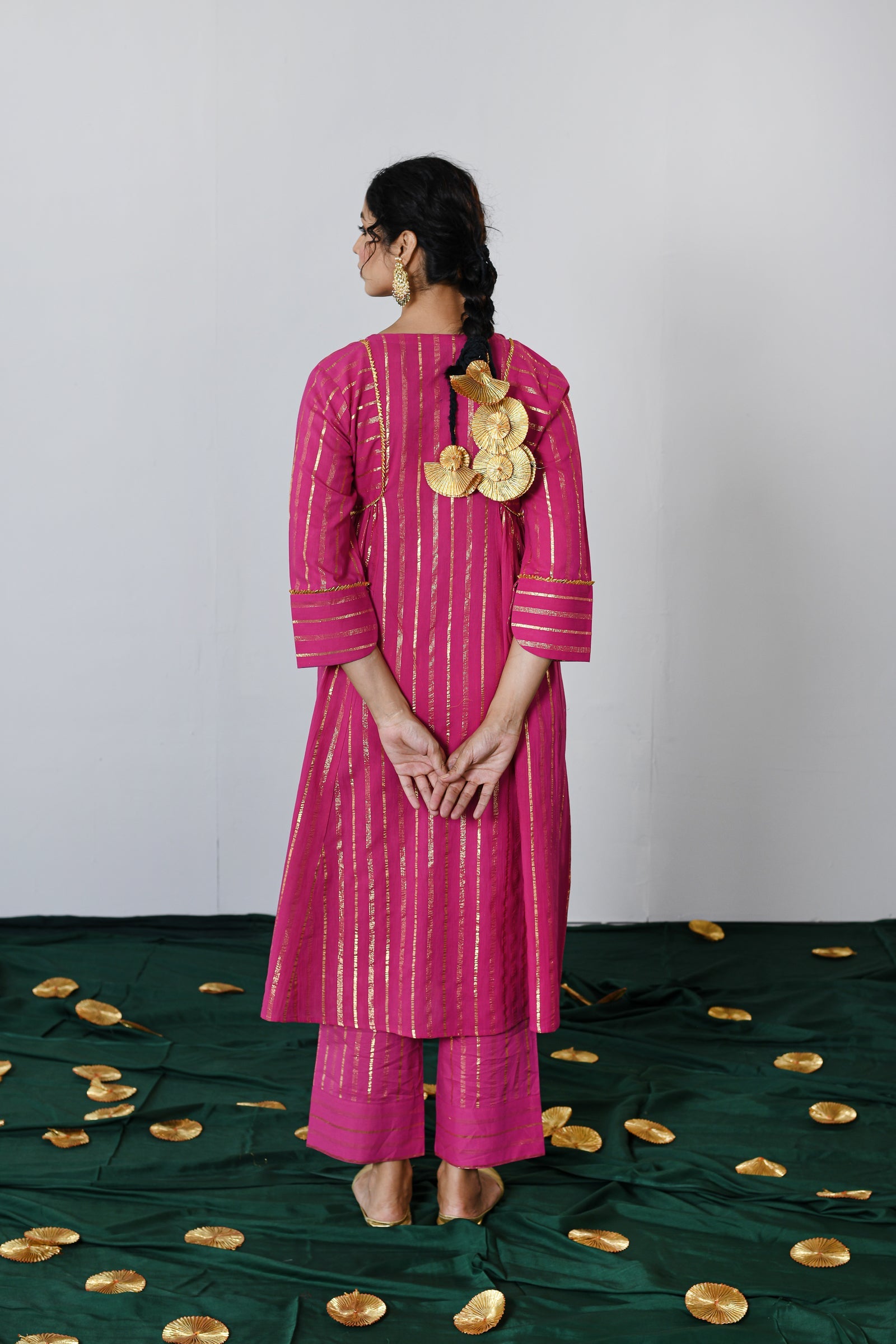 Pink Round Neck Lurex A-line Kurta with Pant and Dupatta