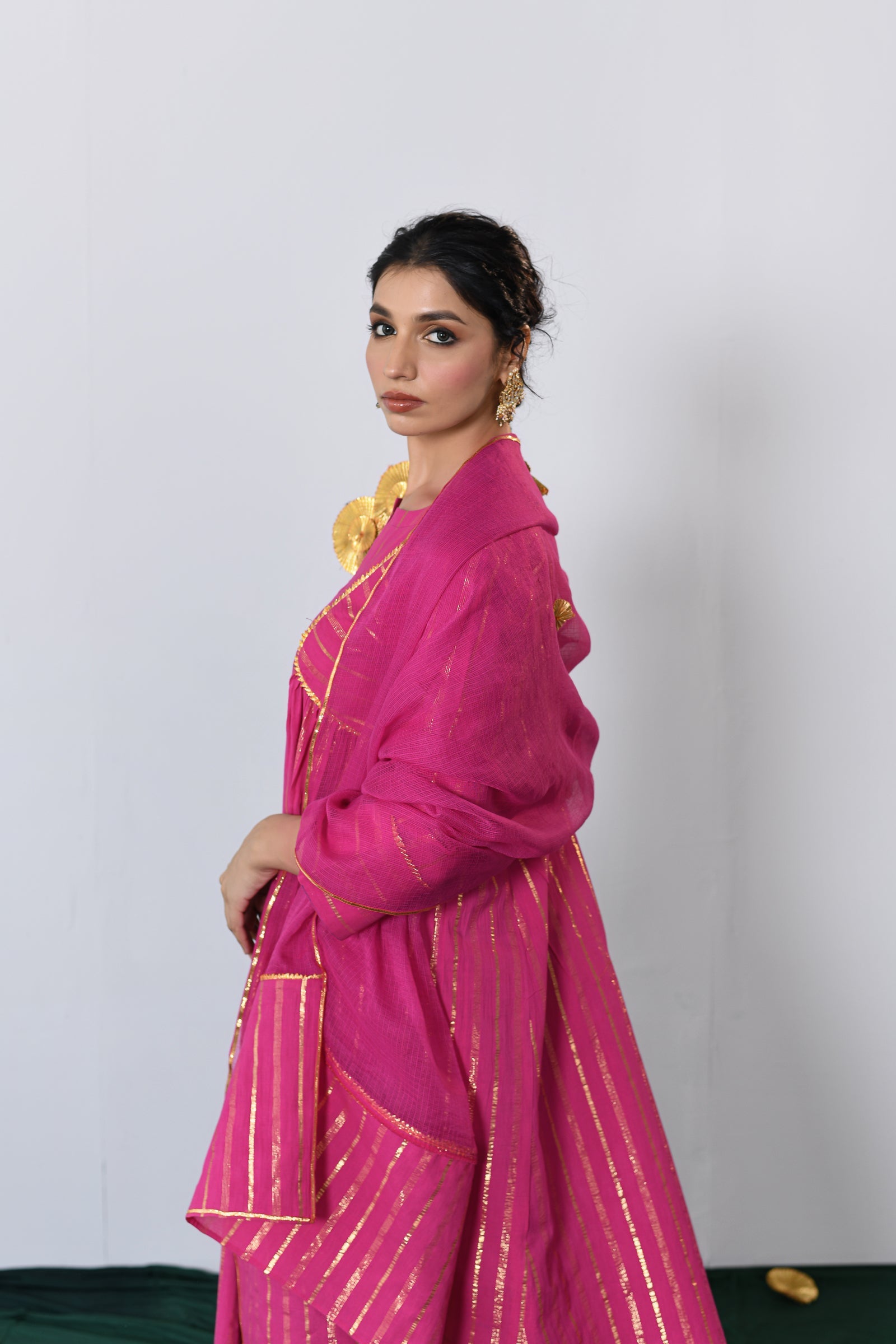Pink Round Neck Lurex A-line Kurta with Pant and Dupatta