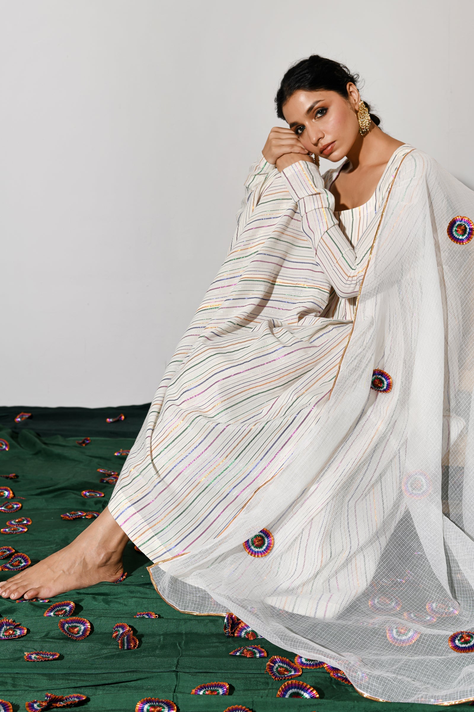 Jhilmil Off-white Multicolor Zari Lurex Round Neck Anarkali with Pant and Dupatta