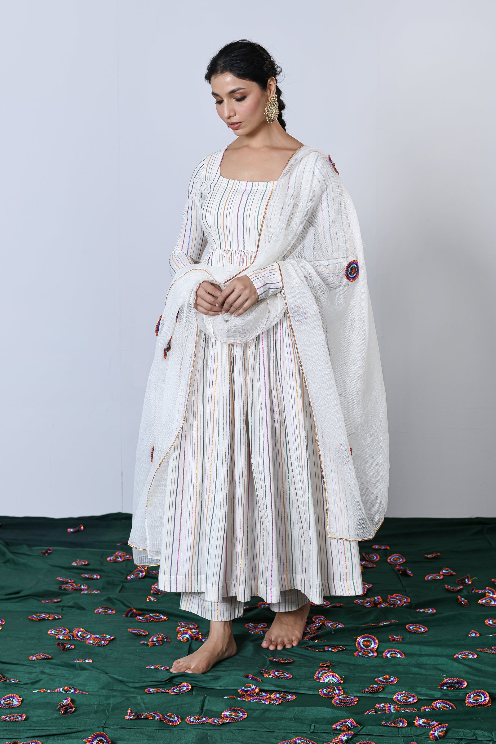 Jhilmil Off-white Multicolor Zari Lurex Round Neck Anarkali with Pant and Dupatta