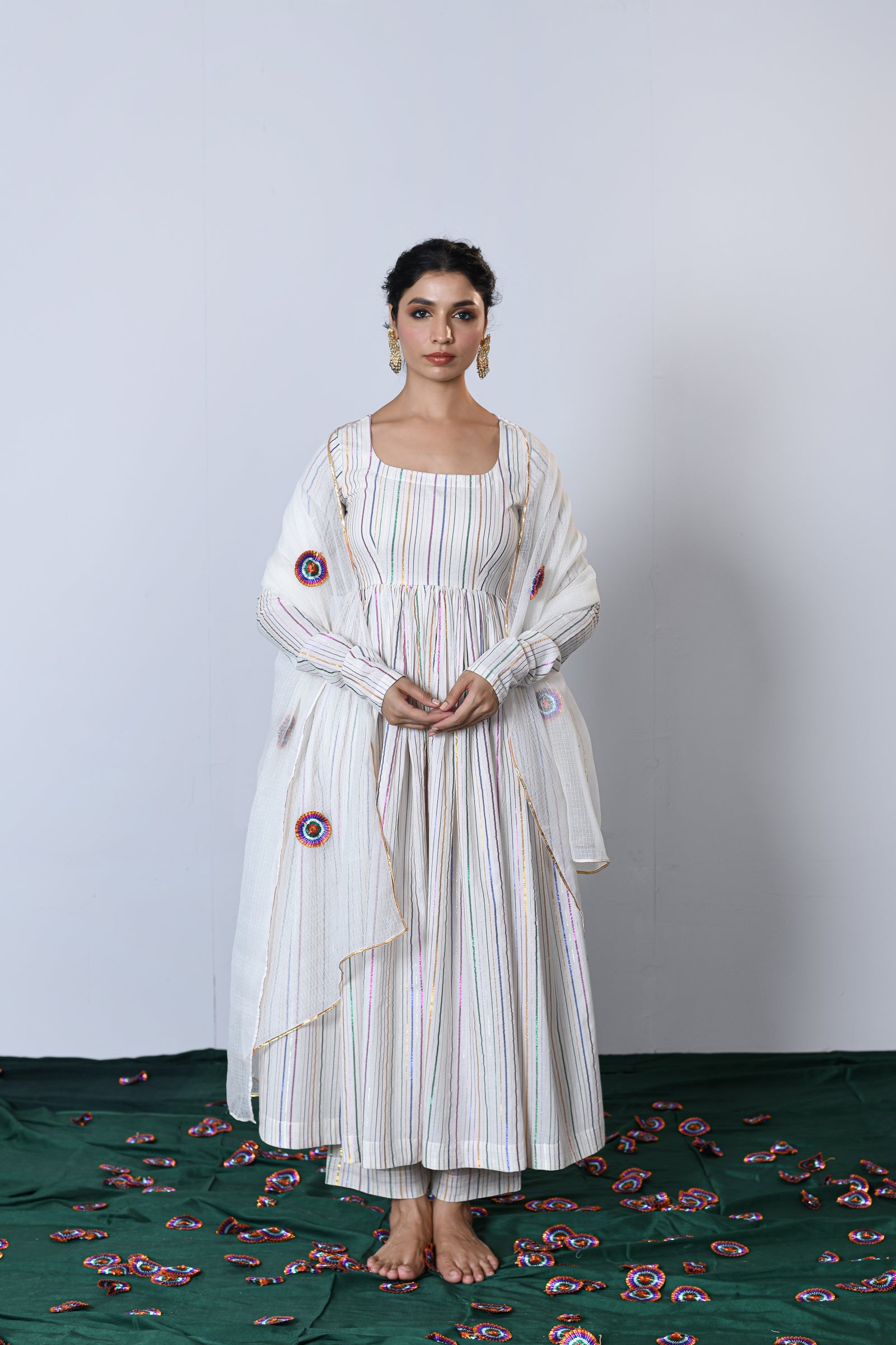 Jhilmil Off-white Multicolor Zari Lurex Round Neck Anarkali with Pant and Dupatta