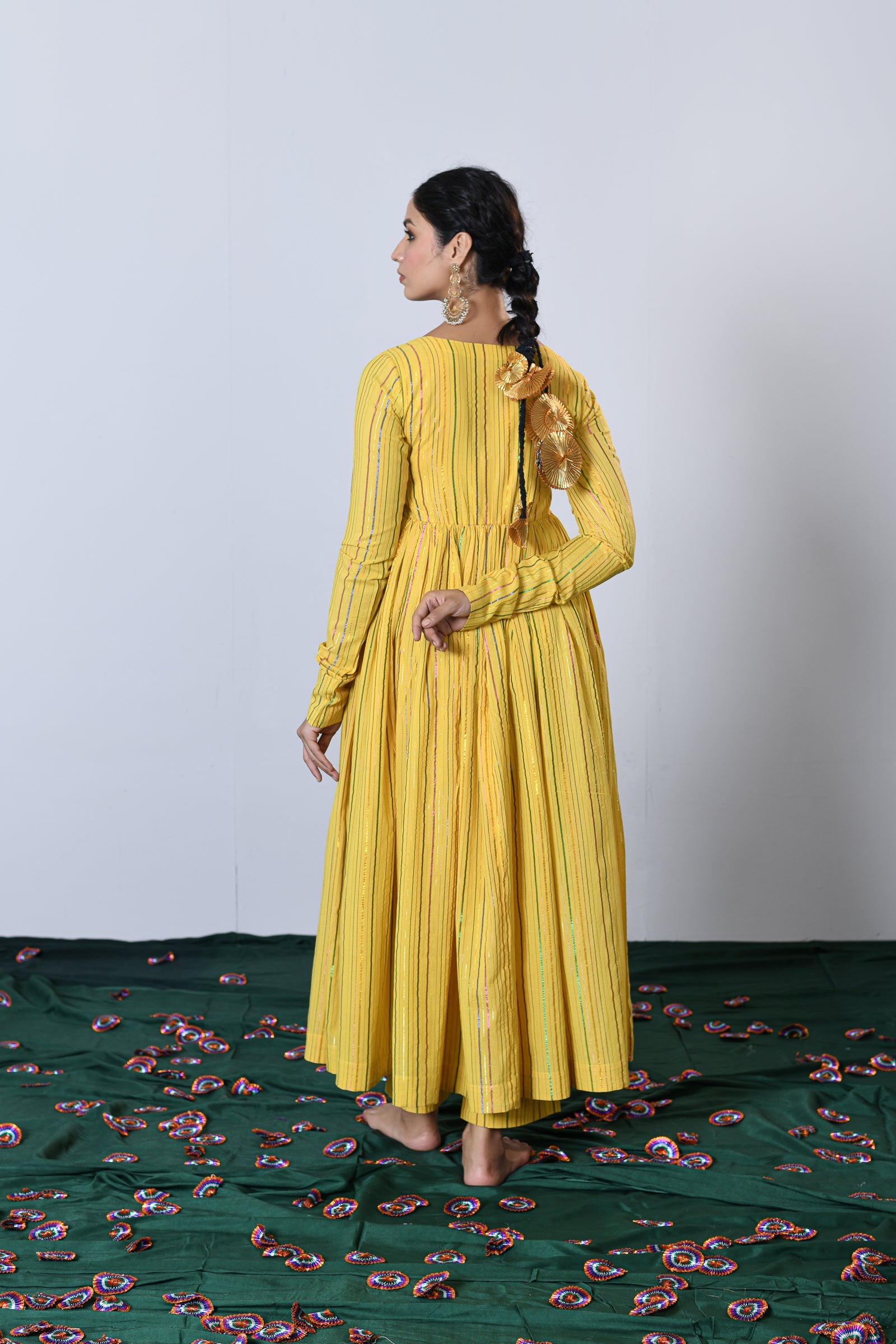 Genda Yellow Multicolor zari Lurex Round neck Anarkali with Pant and Dupatta