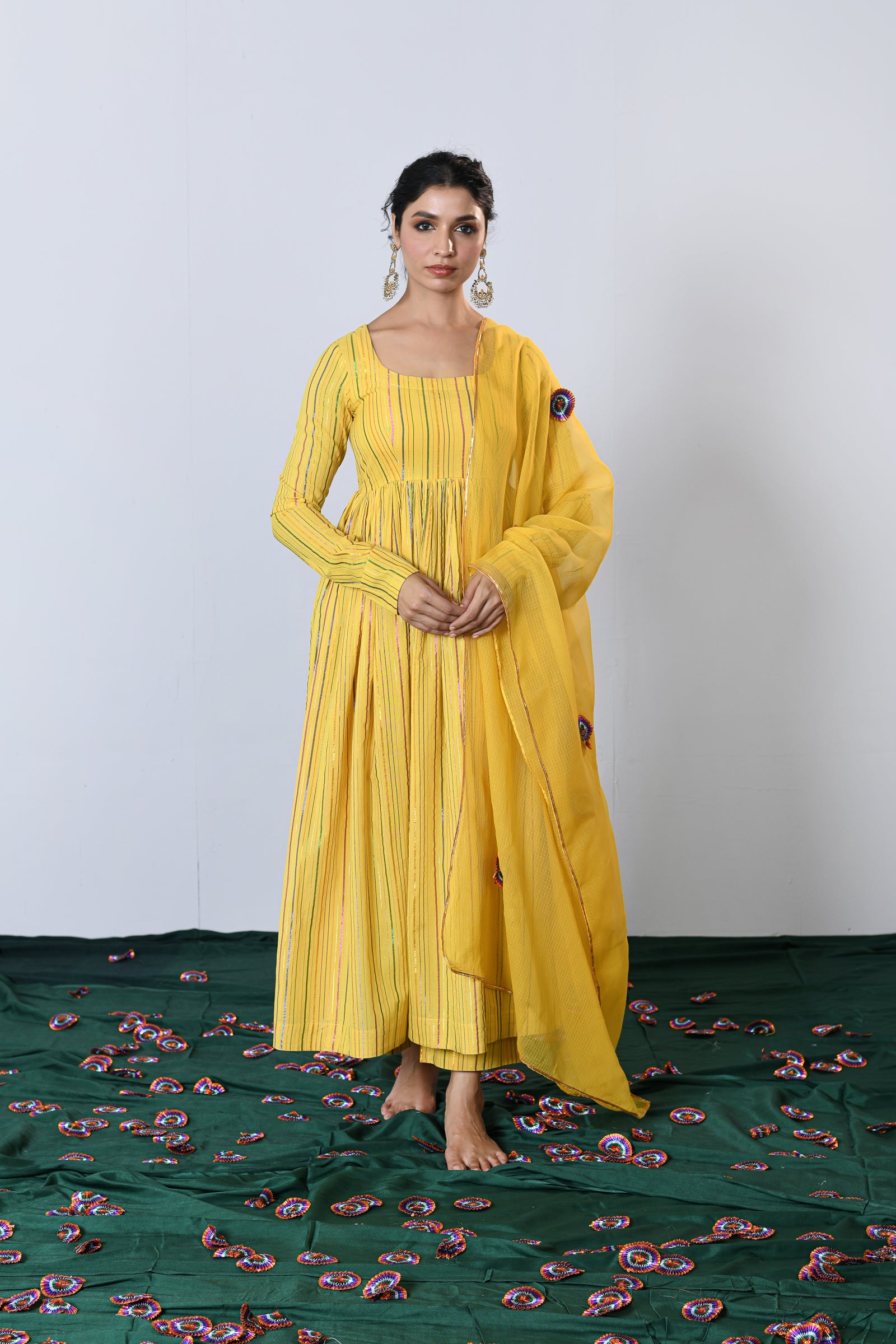 Genda Yellow Multicolor zari Lurex Round neck Anarkali with Pant and Dupatta