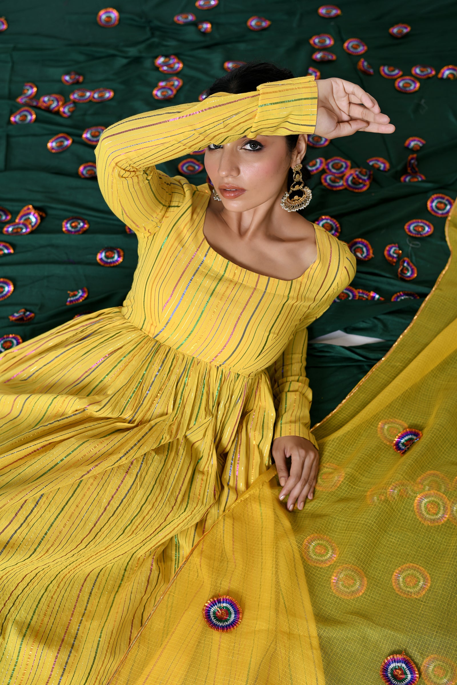 Genda Yellow Multicolor zari Lurex Round neck Anarkali with Pant and Dupatta