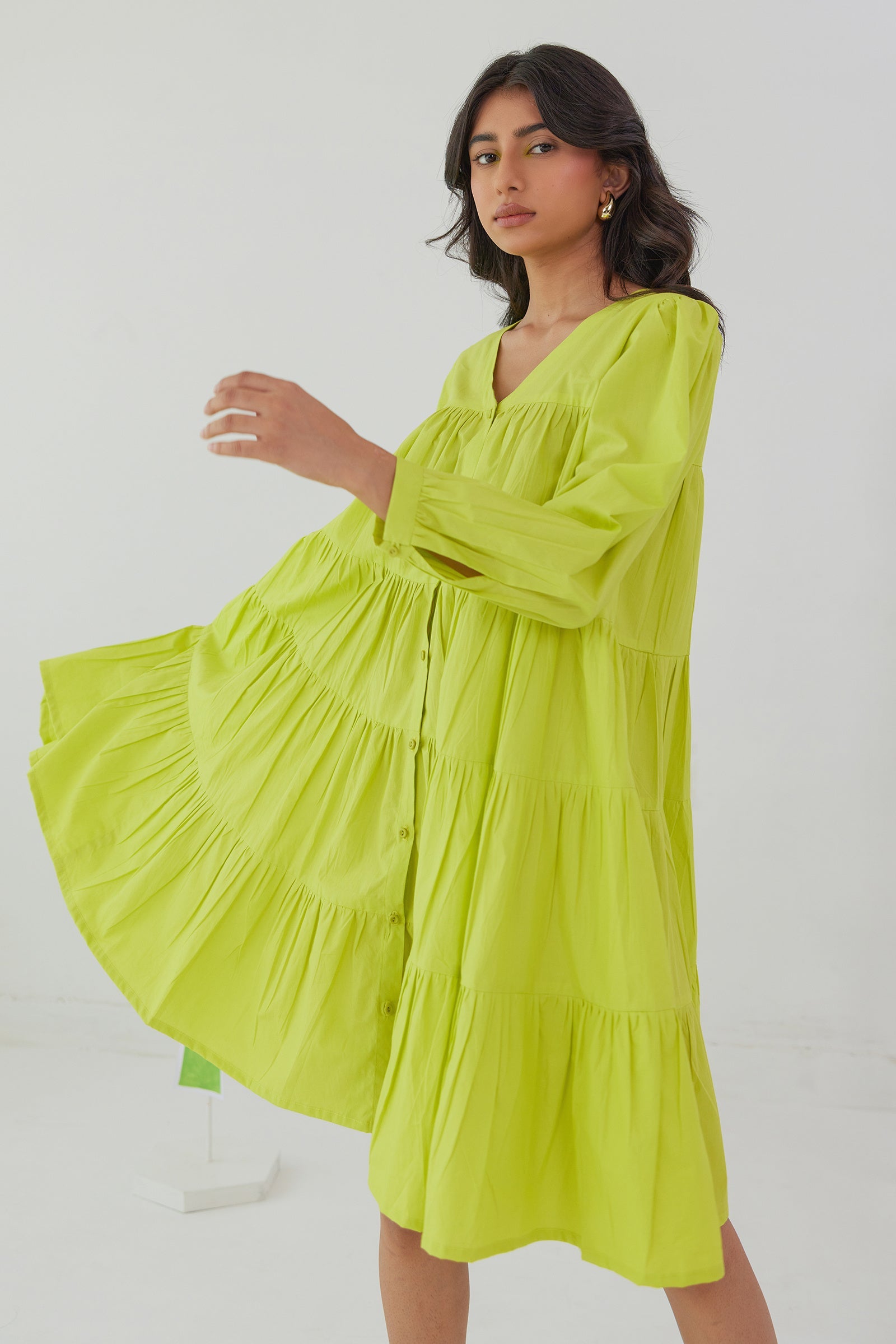 VIVID LIME NEON POPLIN TIERED KNEE LENGTH DRESS