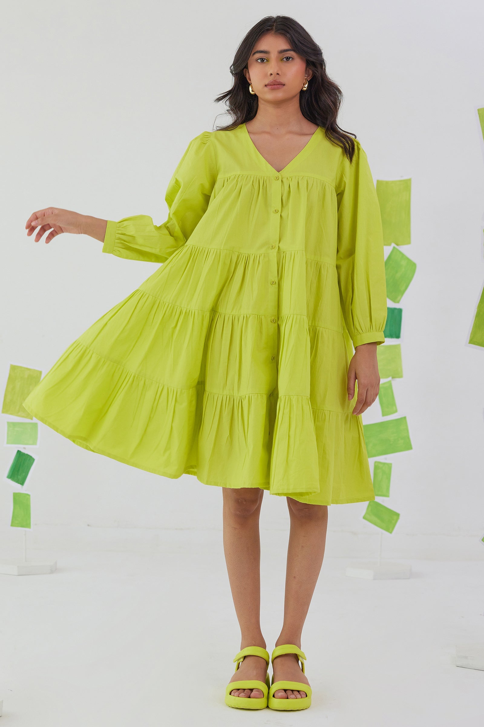 VIVID LIME NEON POPLIN TIERED KNEE LENGTH DRESS