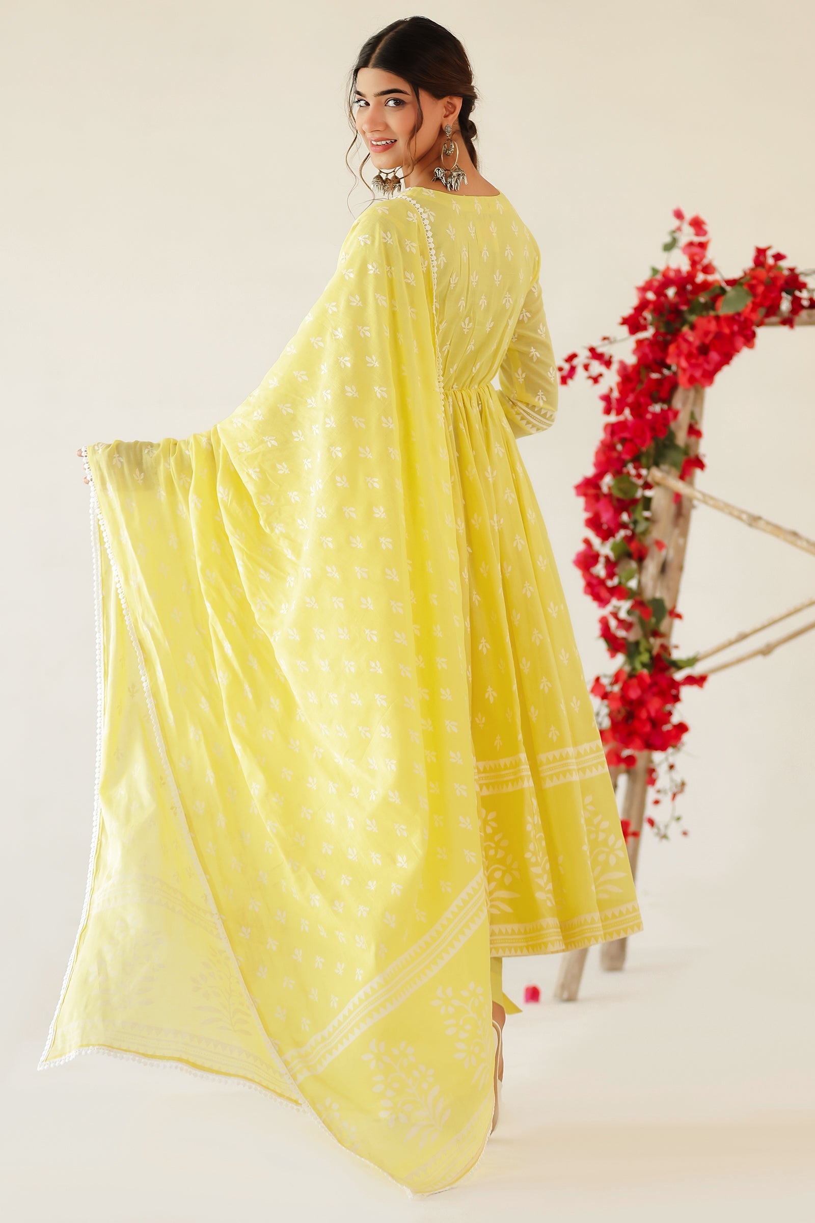 VARNIKA YELLOW MULMUL ANARKALI SET (RTS)