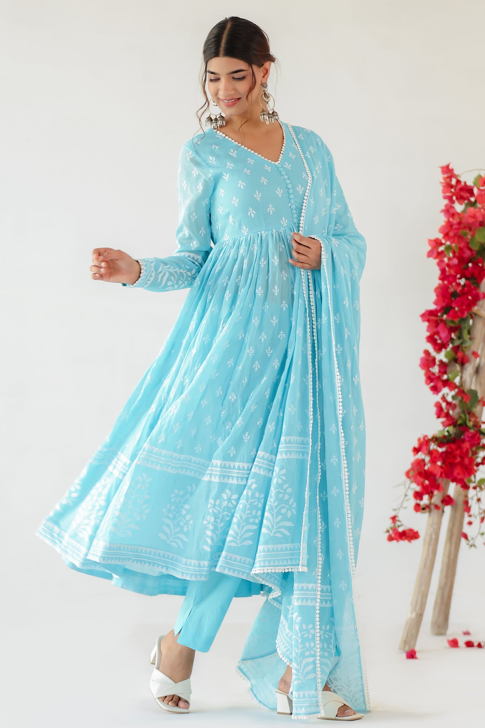 MAITREE ICE BLUE MULMUL ANARKALI SET (RTS)