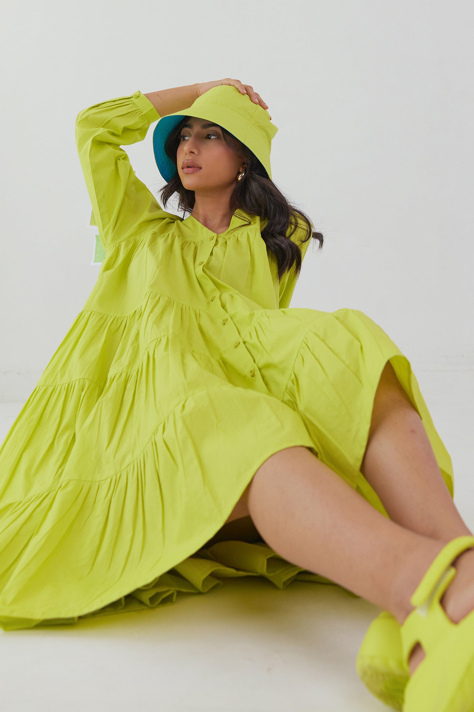 VIVID LIME NEON POPLIN TIERED KNEE LENGTH DRESS