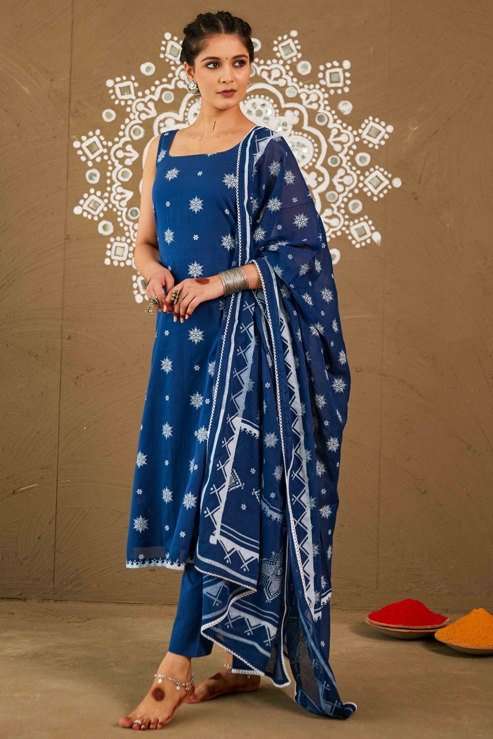 Gagan Blue Cotton Sleeveless Kurta Set