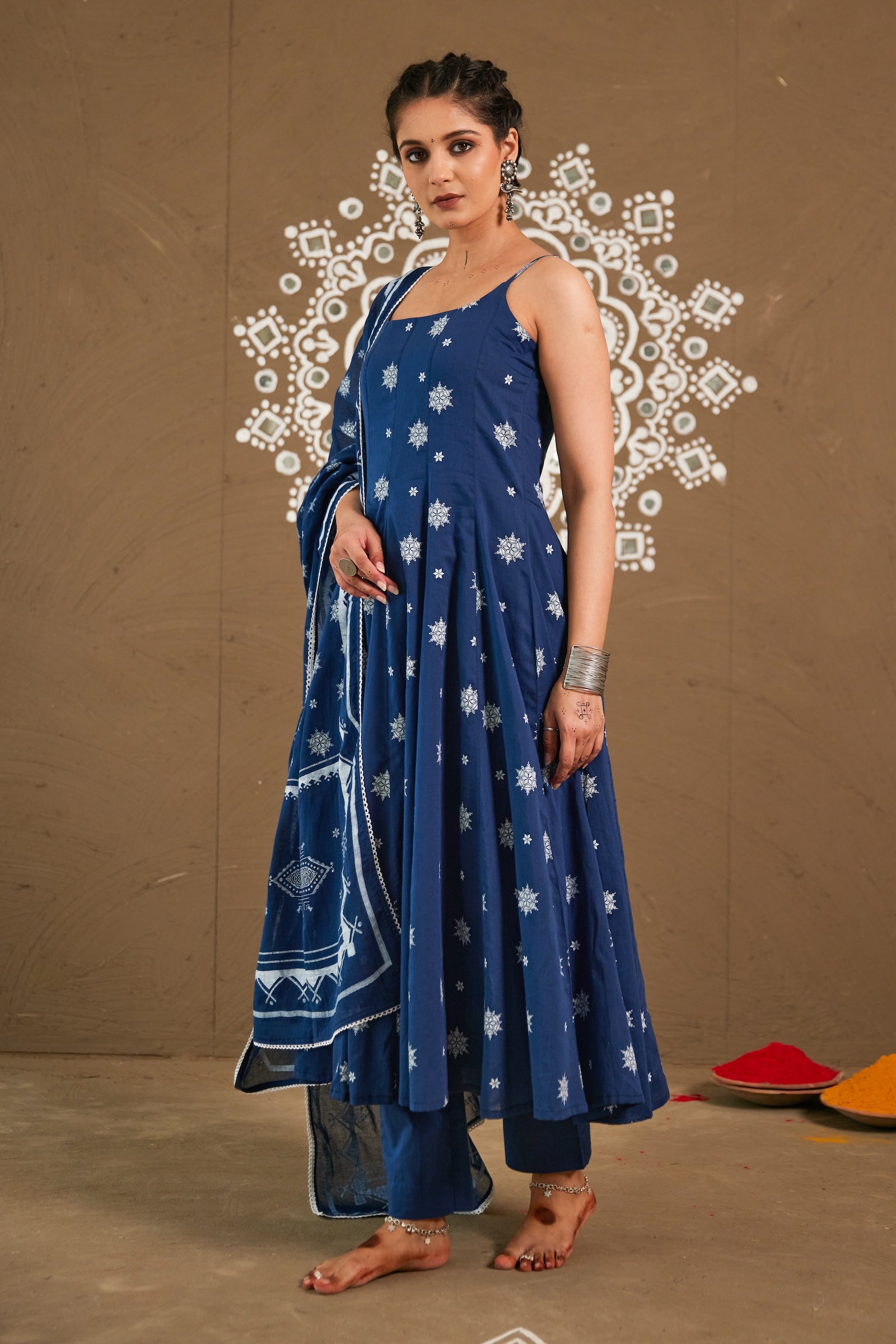 Anika Blue Mul Cotton Adjustable Strap Anarkali Set