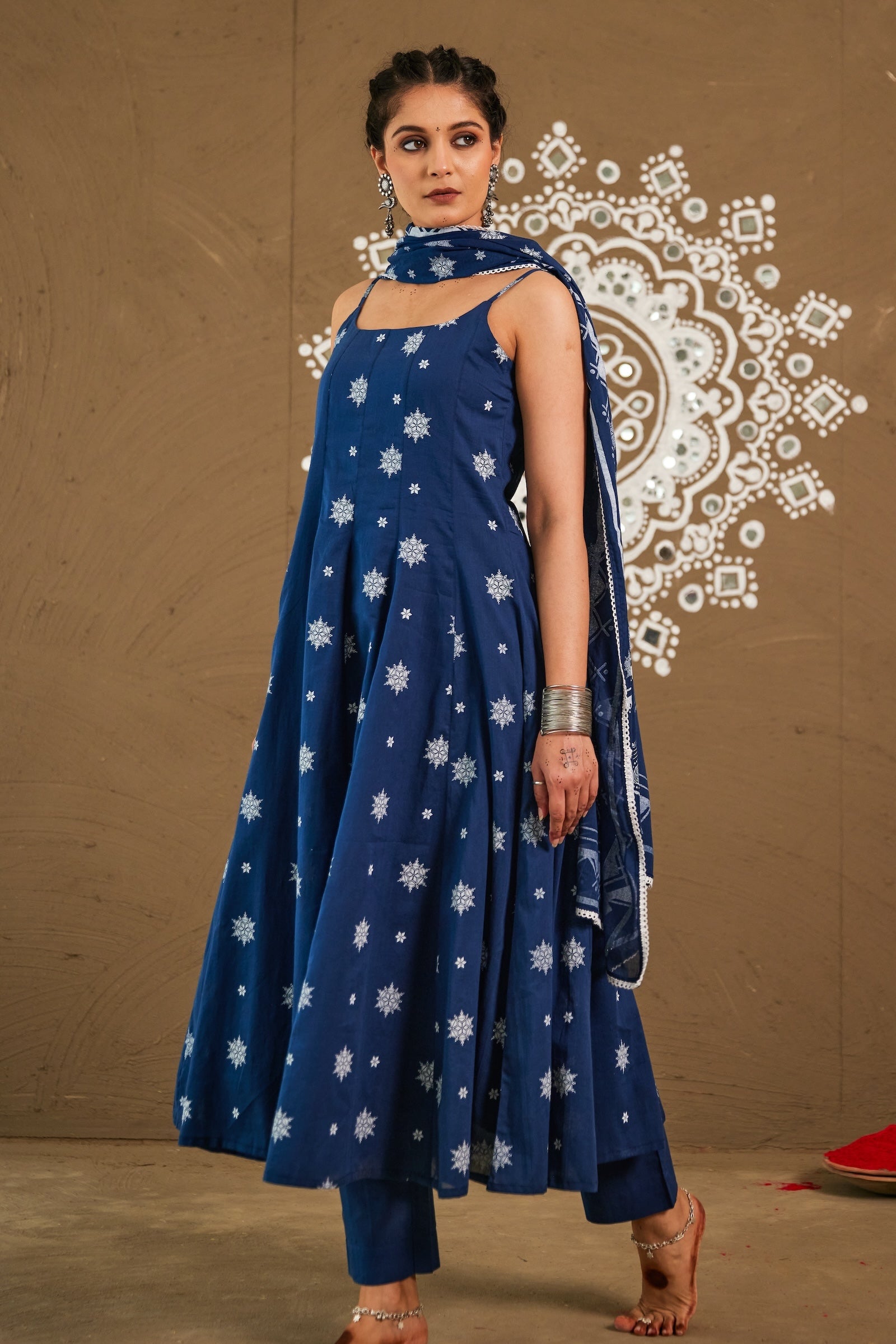 Anika Blue Mul Cotton Adjustable Strap Anarkali Set