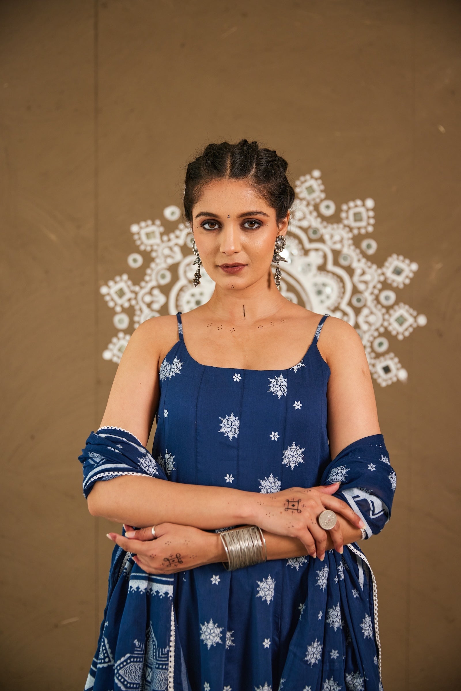 Anika Blue Mul Cotton Adjustable Strap Anarkali Set