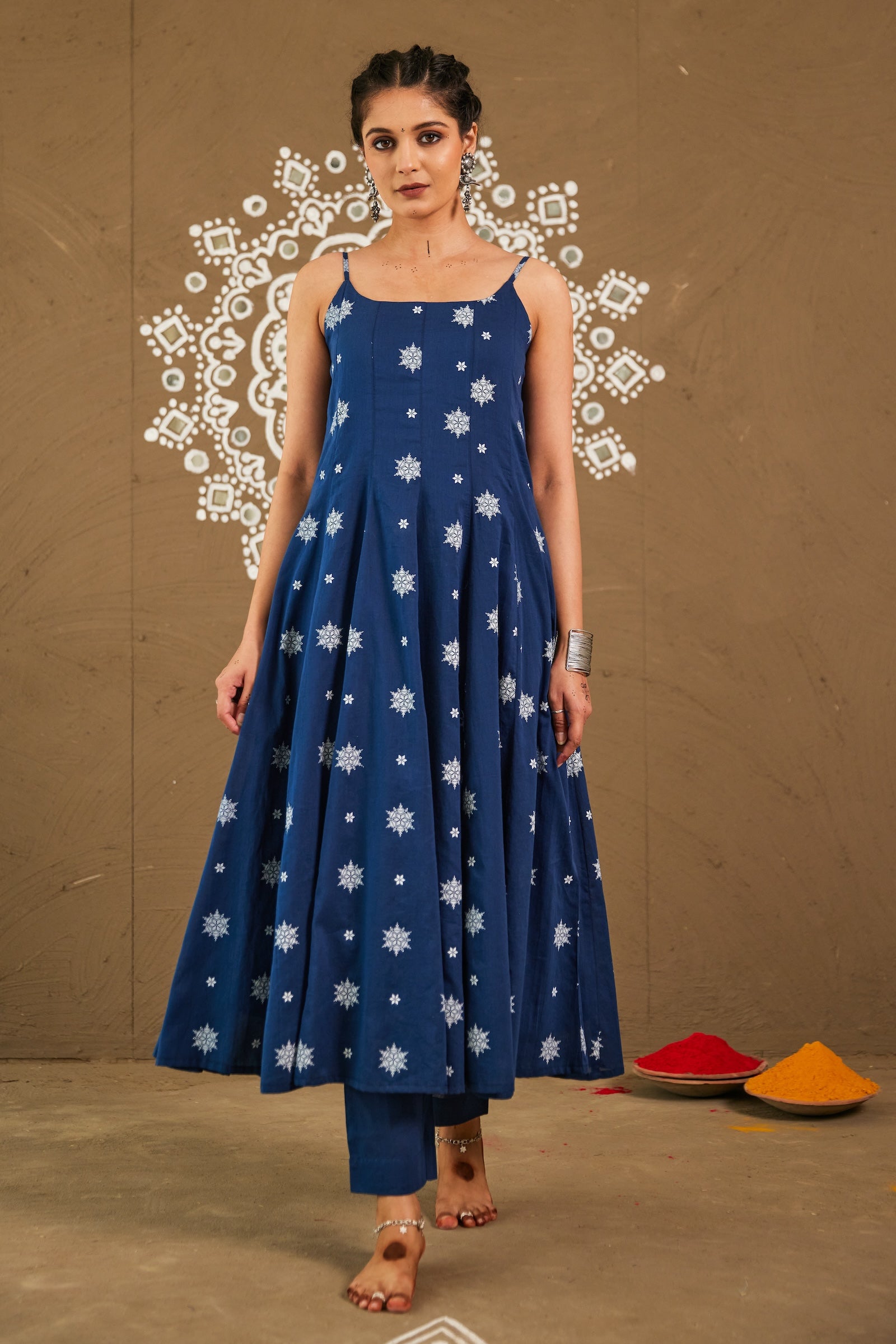 Anika Blue Mul Cotton Adjustable Strap Anarkali Set