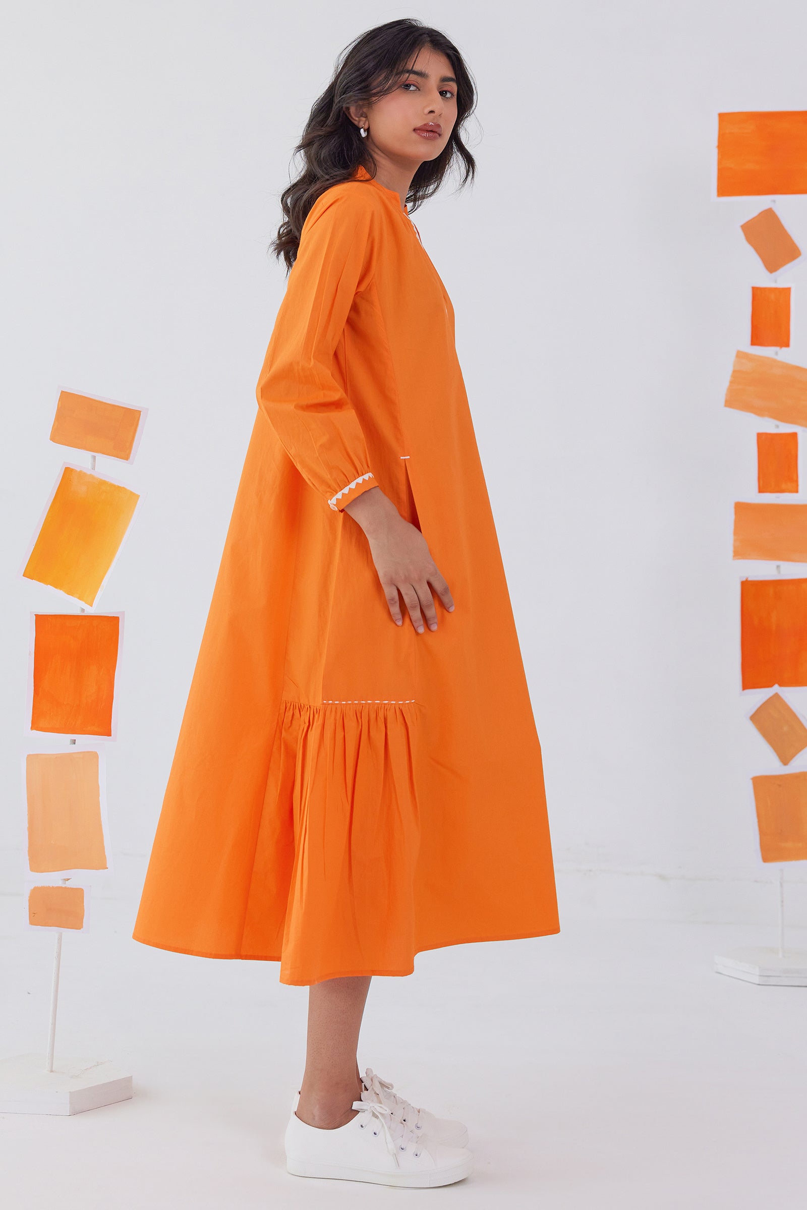 NECTAR ORANGE POPLIN CALF LENGTH DRESS